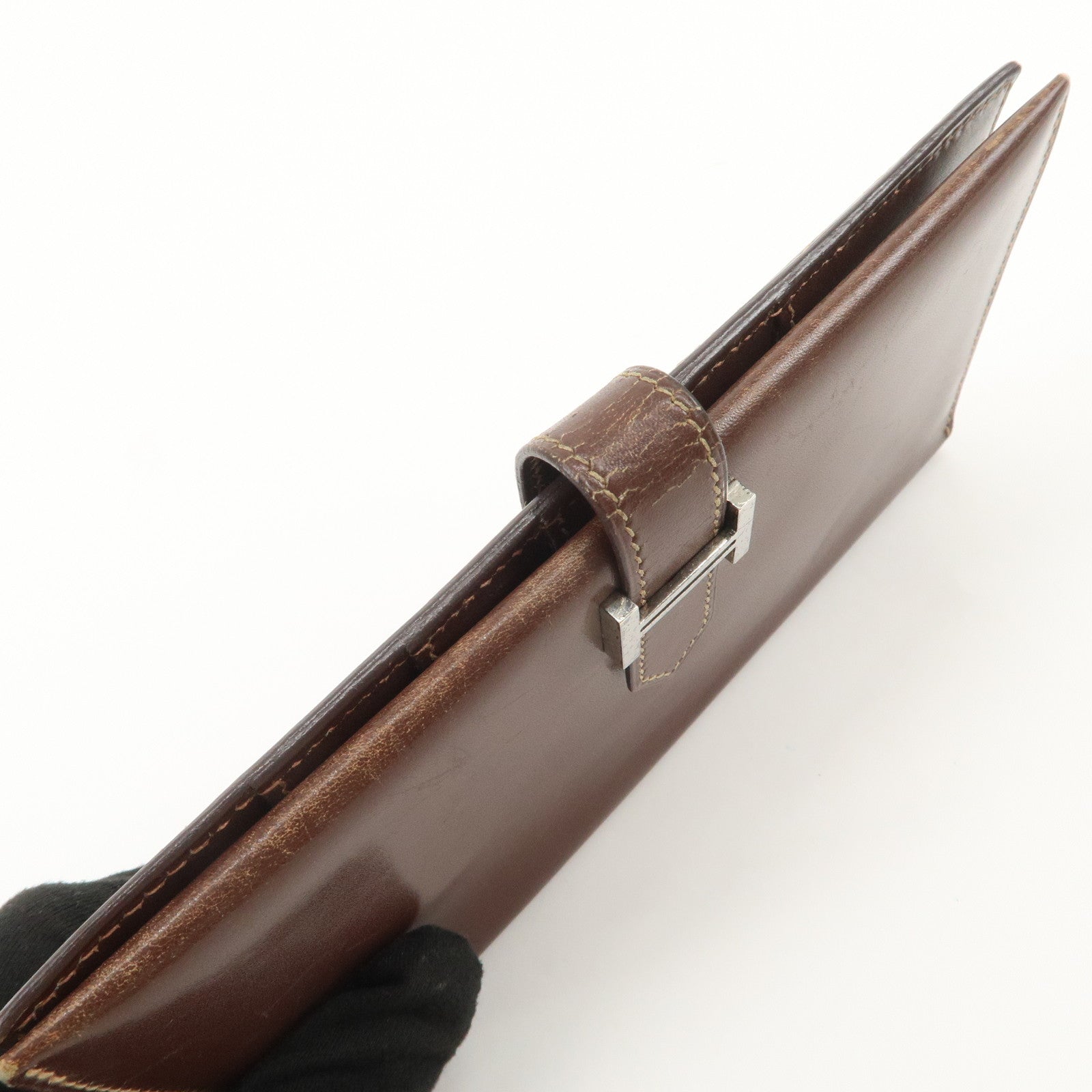 HERMES Béarn Classic Leather Long Wallet F Stamped Brown