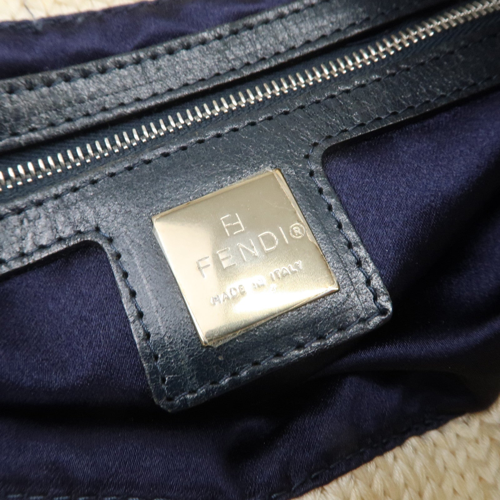 FENDI Logo Wool Leather Hand Bag Shoulder Bag Ivory Navy 26731