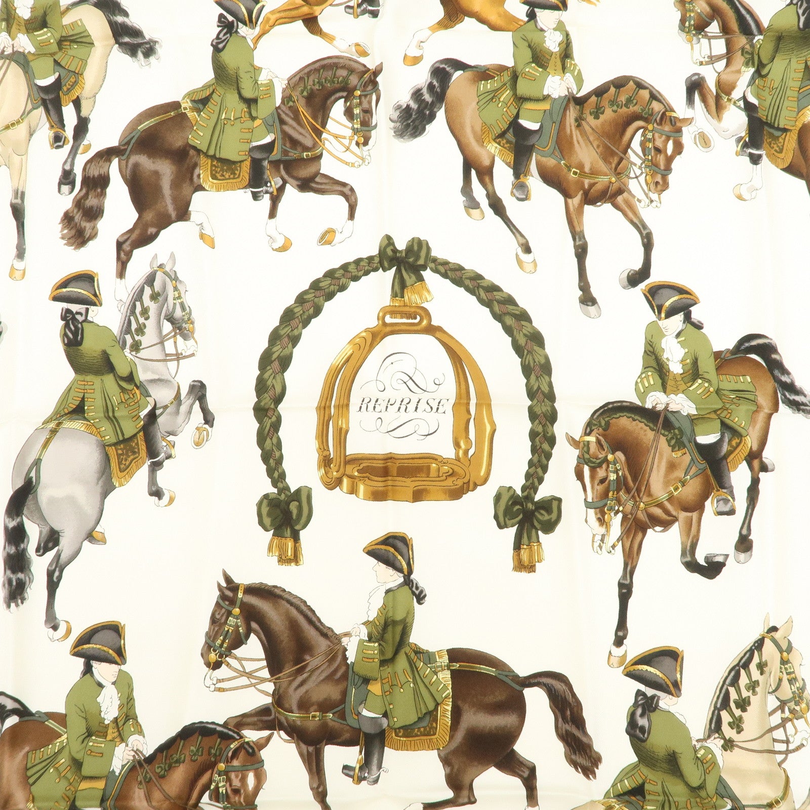 HERMES Carre 90 Silk 100% Scarf REPRISE Brown Khaki White Used