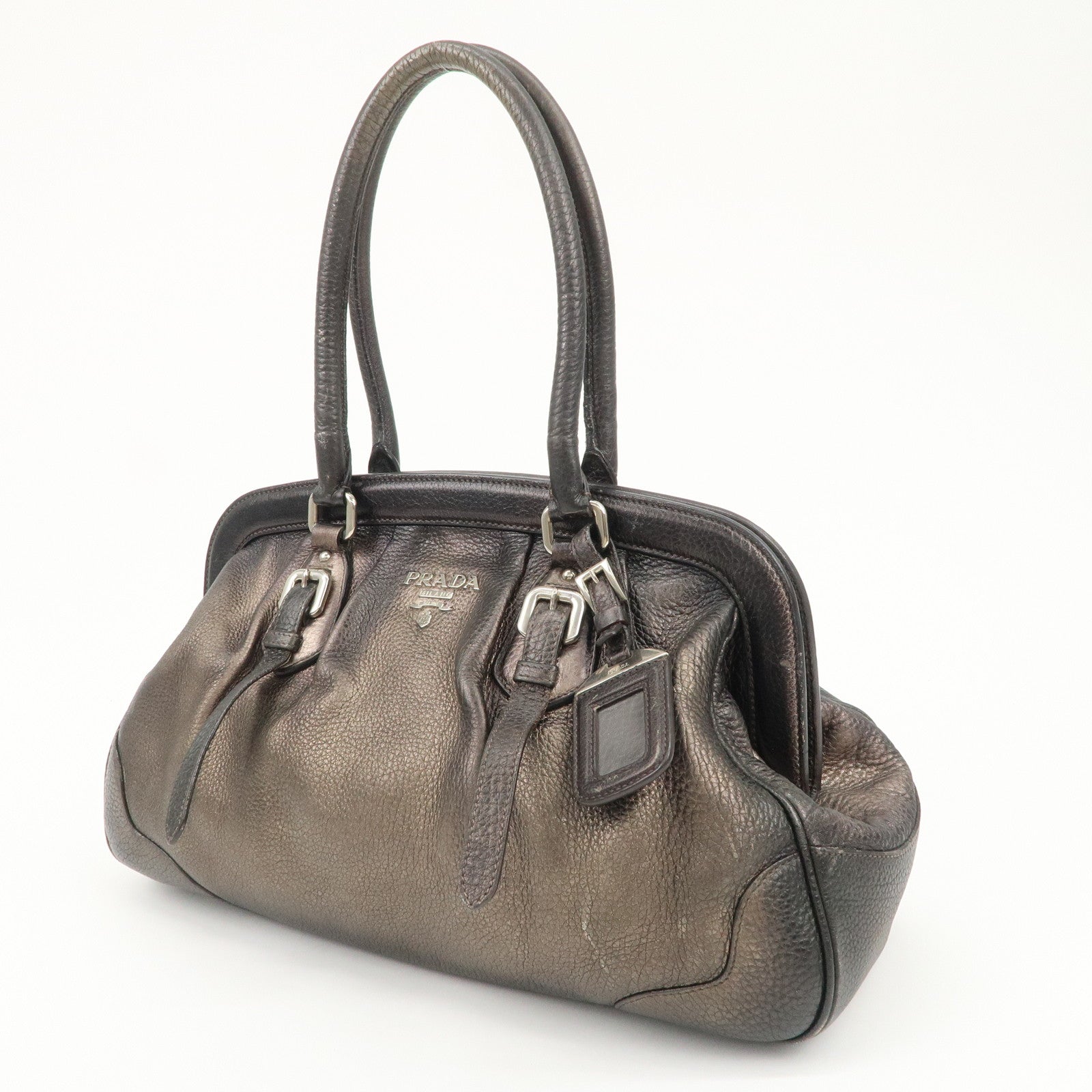 PRADA Logo Leather Shoulder Bag Hand Bag Bronze Used
