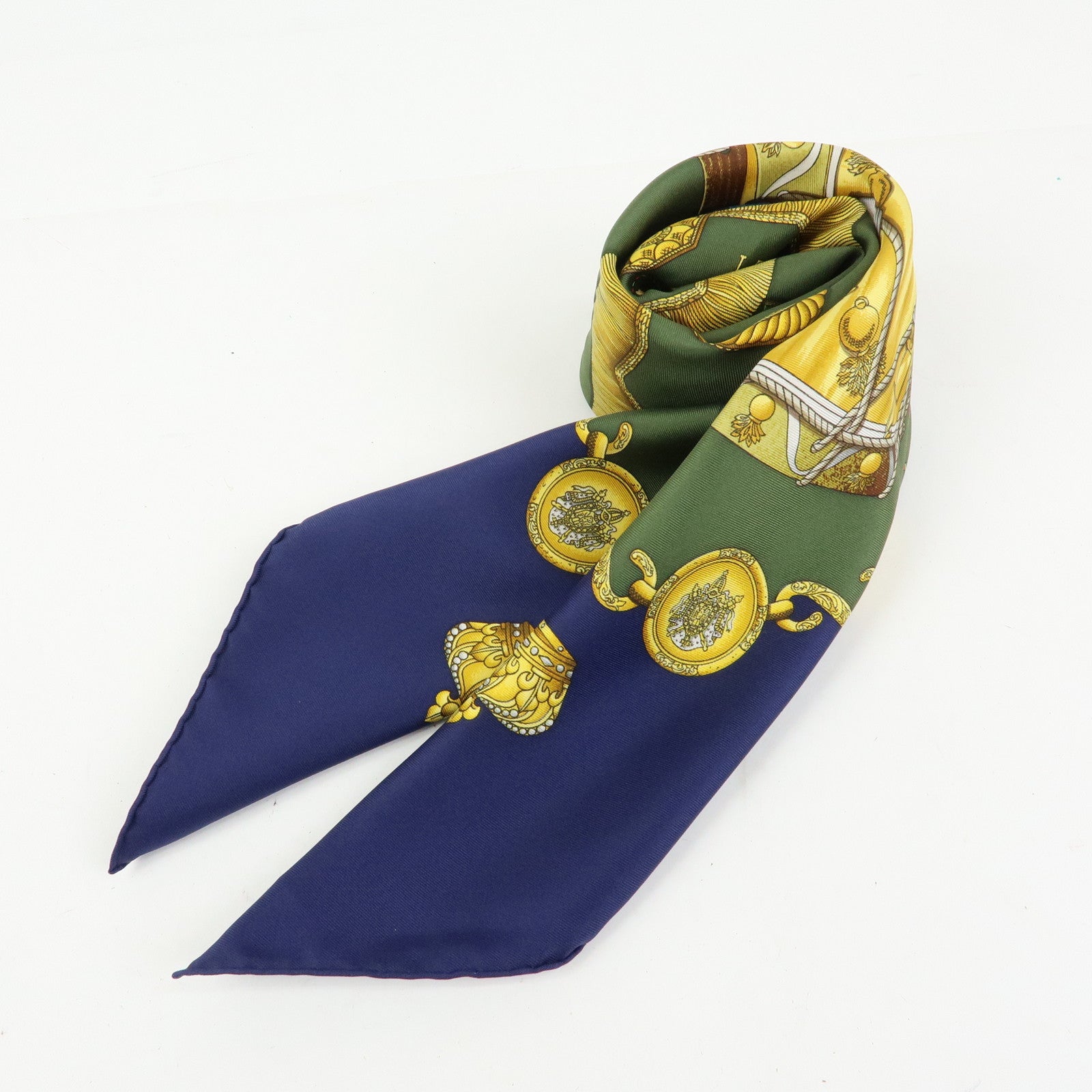 HERMES Carre 90 Silk 100% Scarf LES TAMBOURS Khaki Navy Gold