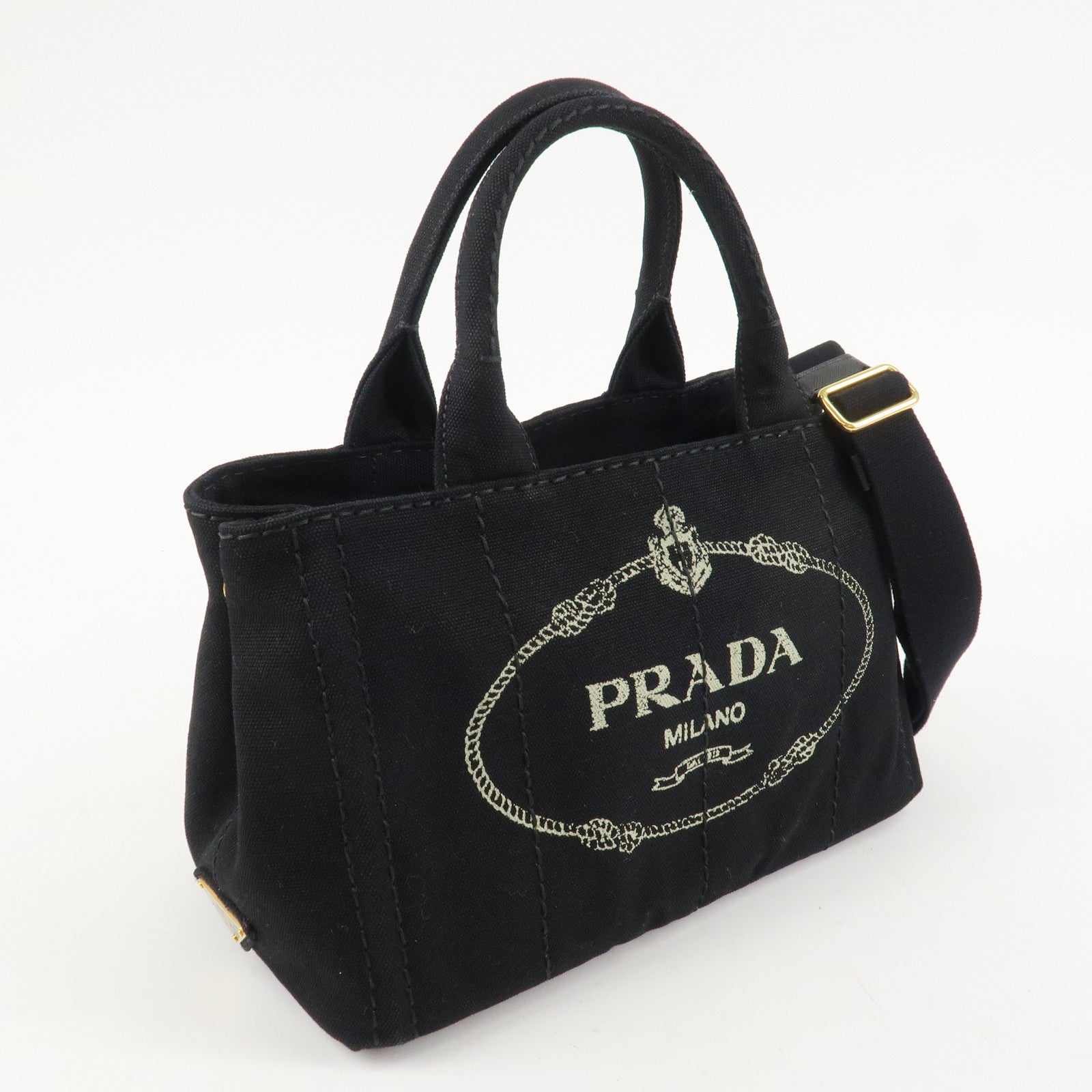 PRADA Logo Canapa Mini Canvas 2Way Bag Hand Tote Bag B2439G Black Used
