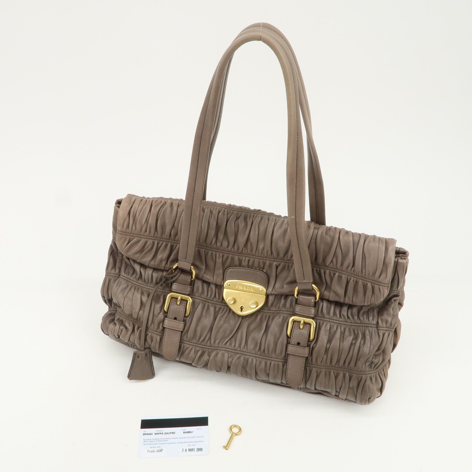 PRADA Logo Nappa Gaufre Leather Shoulder Bag Greige BR4443