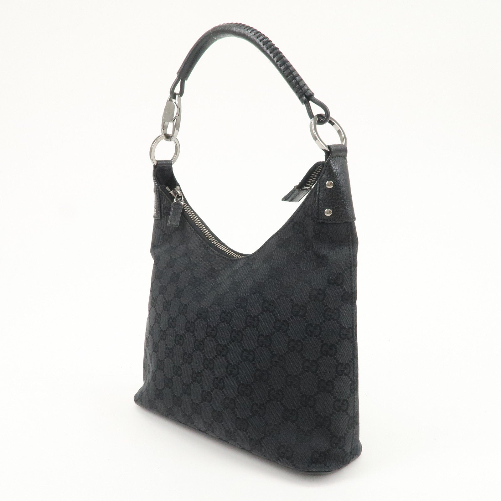 GUCCI GG Canvas Leather Shoulder Bag Hand Bag Black 115003 Used