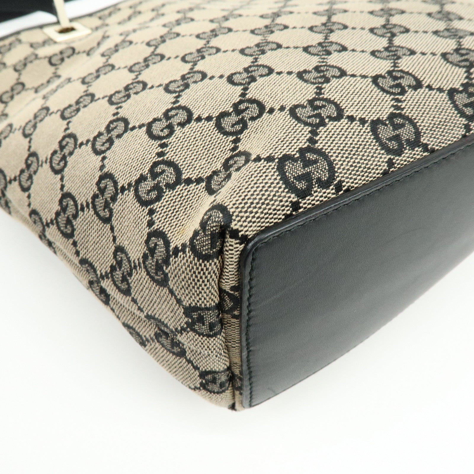 GUCCI GG Canvas Leather Tote Bag Hand Bag Beige Black 0021099