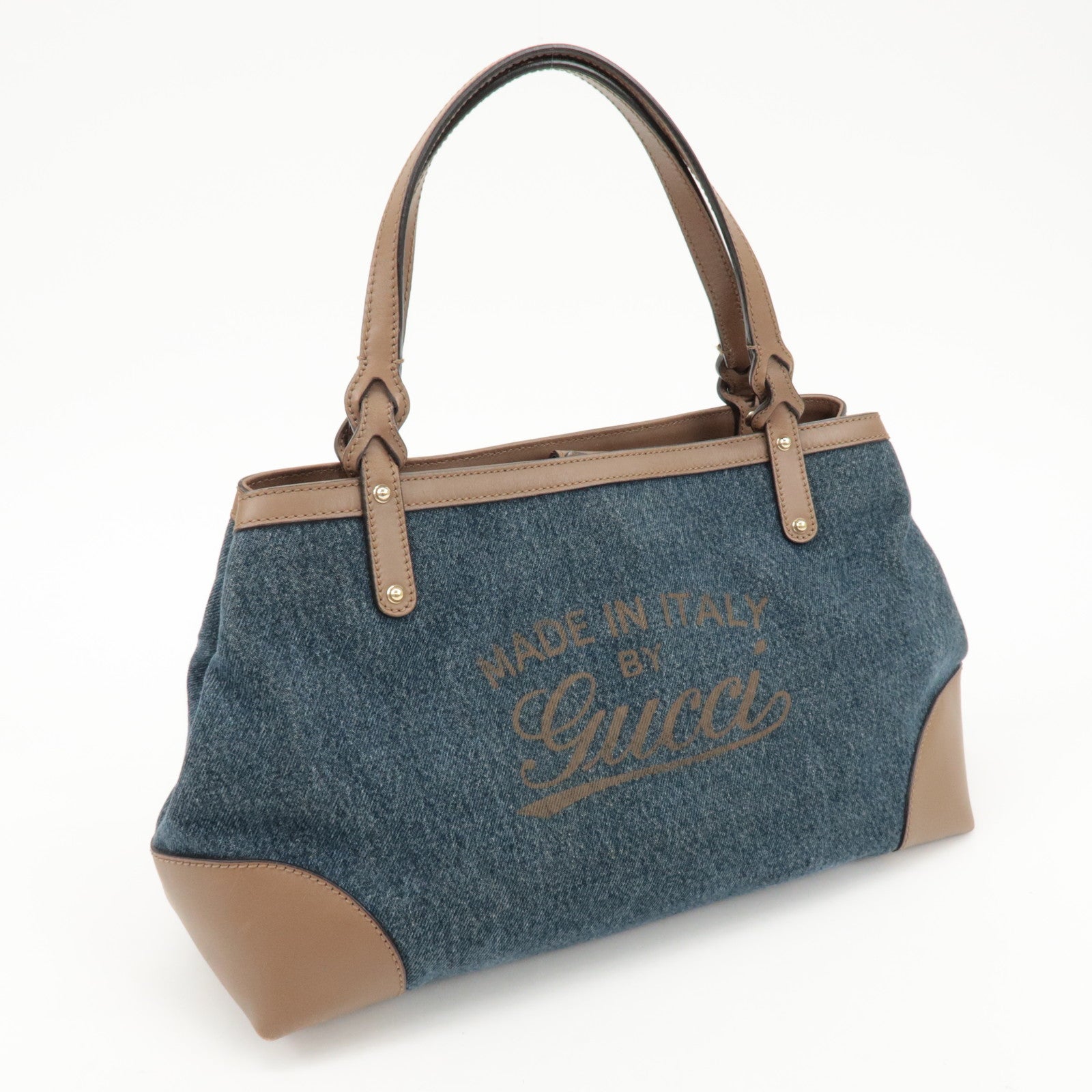 GUCCI Craft Denim Leather Tote Bag Hand Bag Navy Brown 348715 Used