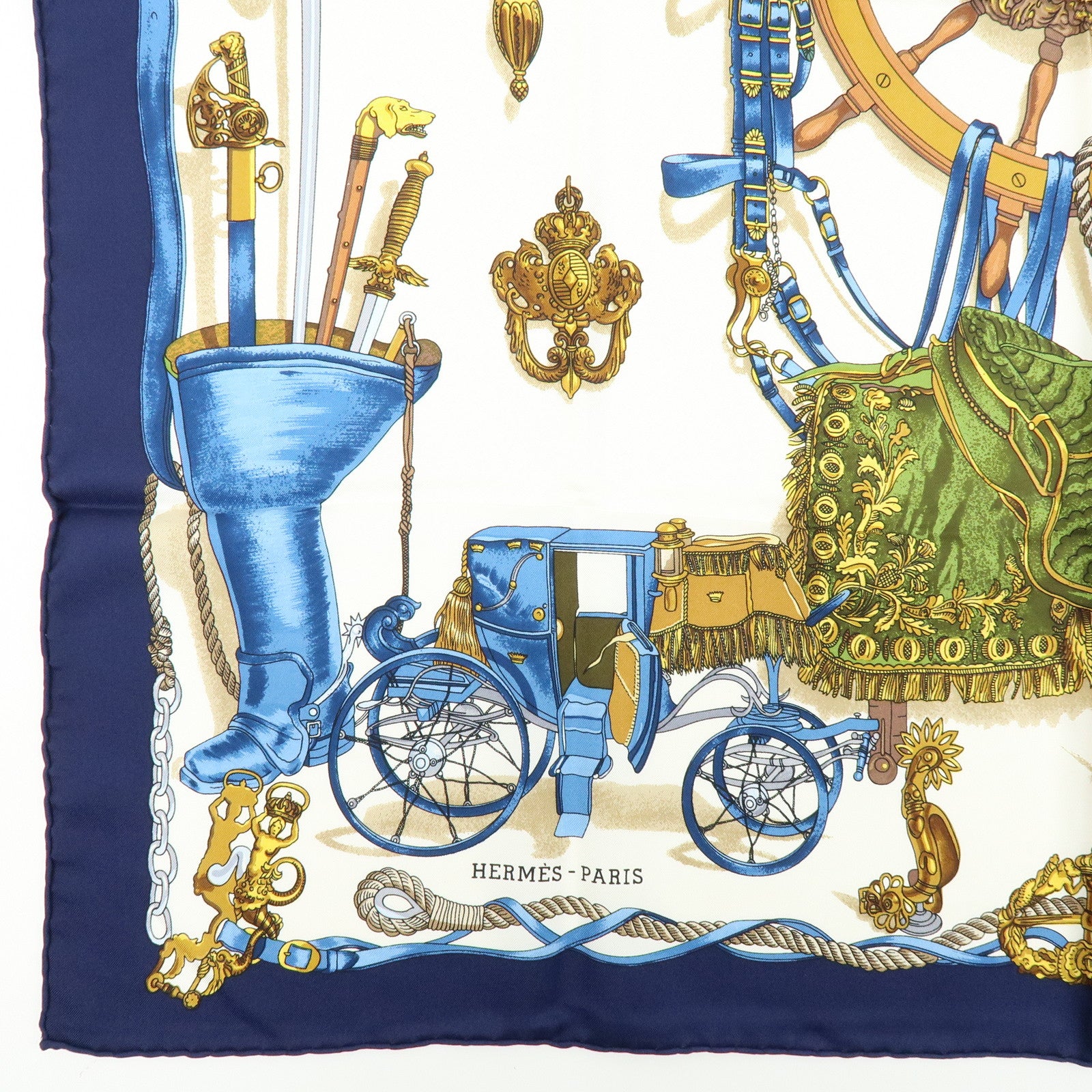 HERMES Carre 90 Silk 100% Scarf MUSEE Navy Ivory