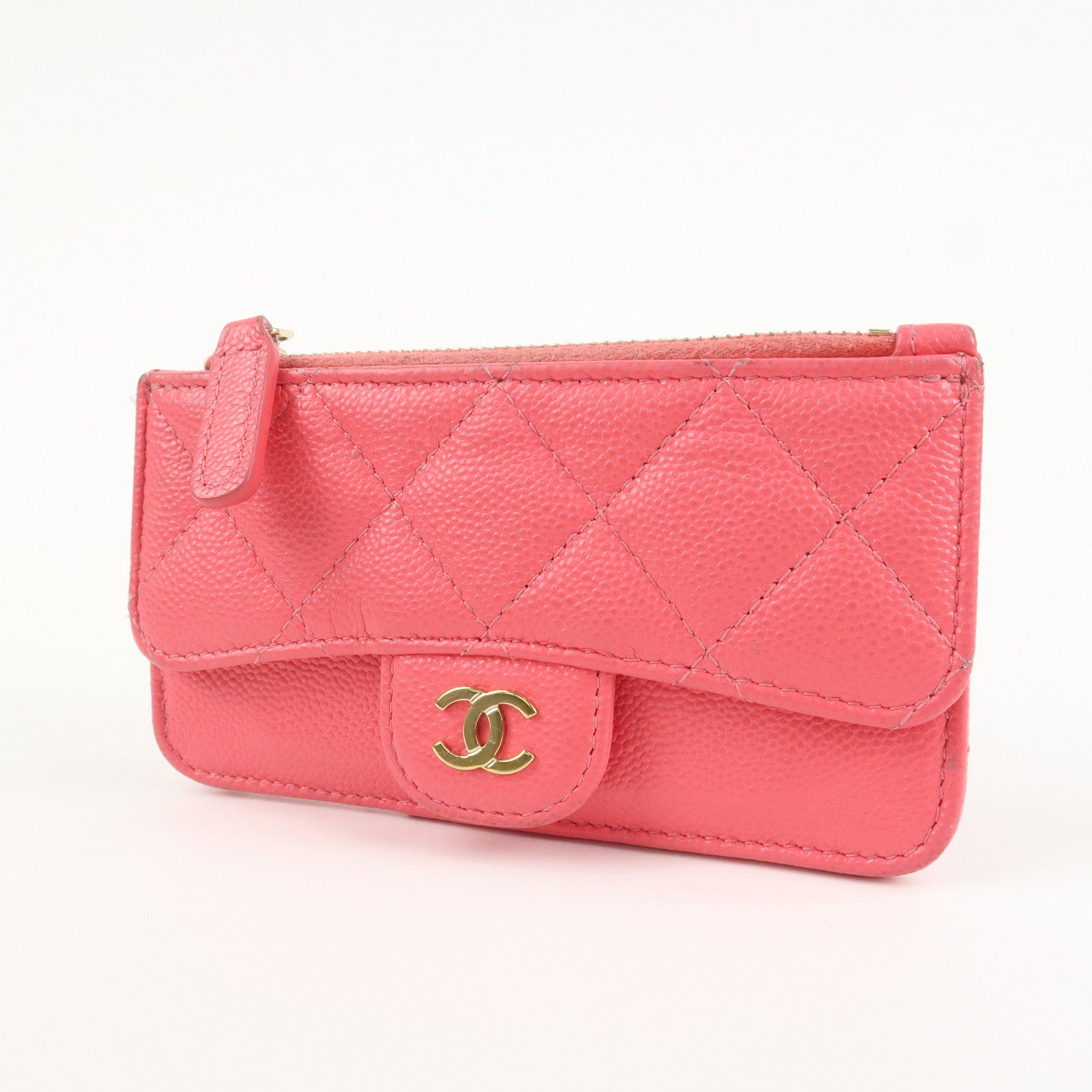 CHANEL Matelasse Caviarskin Card Case Coin Case Pink AP2570 Used