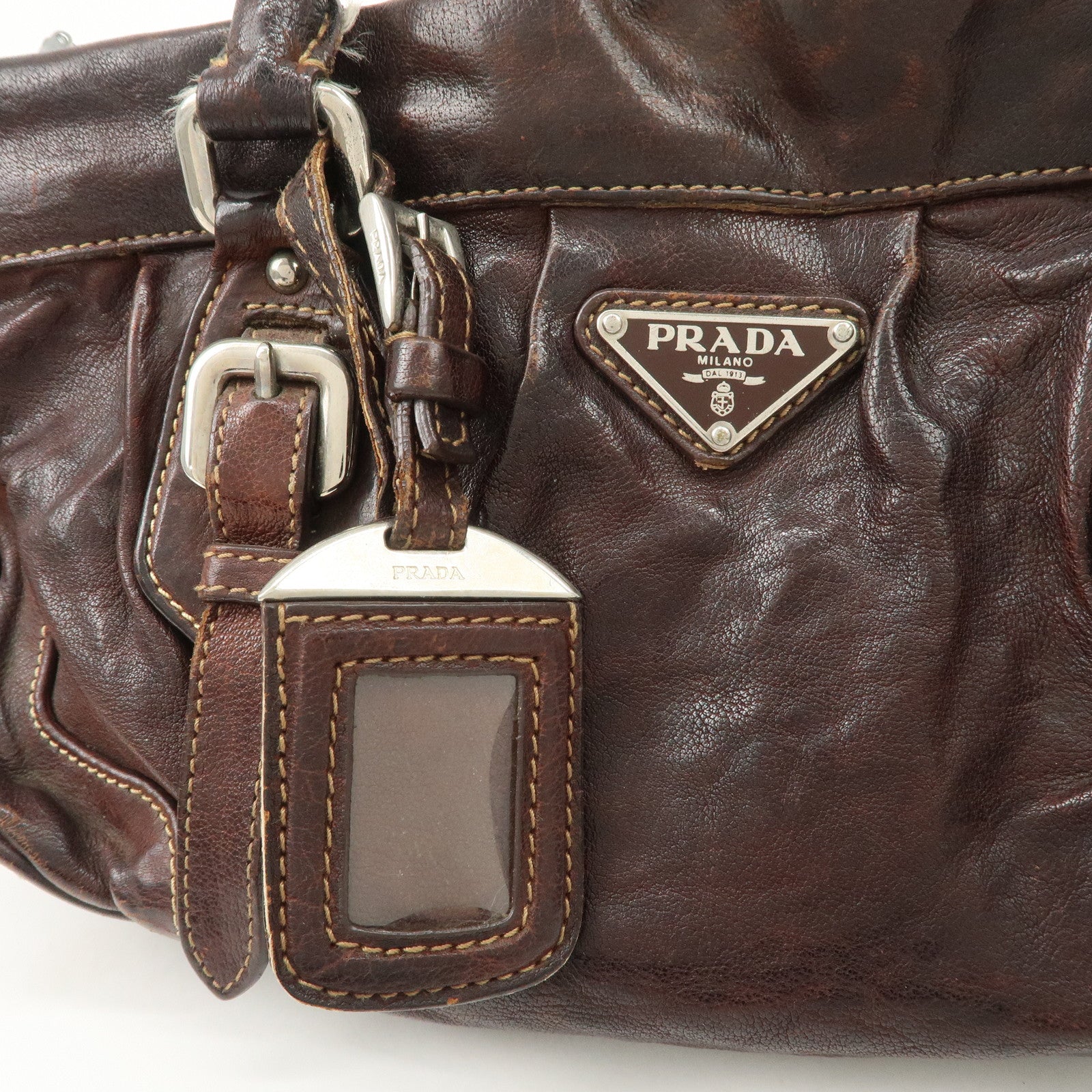 PRADA Triangle Logo Leather 2Way Bag Hand Bag Dark Brown BN1279 Used