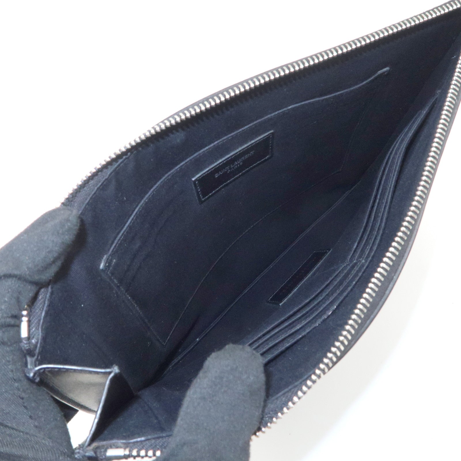 SAINT LAURENT Logo Leather Clutch Bag Black Silver HDW 607779