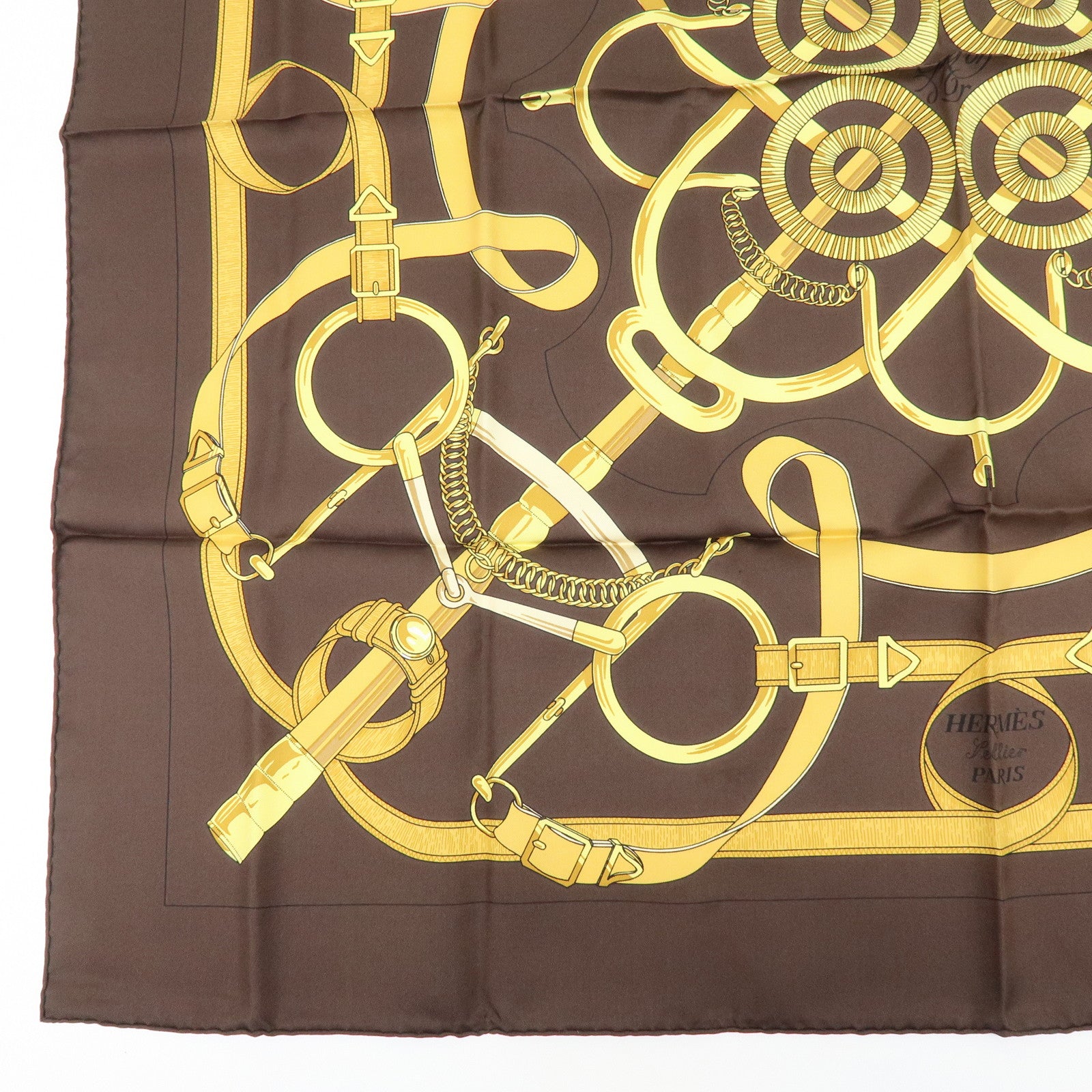 HERMES Carre 90 Silk 100% Scarf Eperon d'or Brown Gold