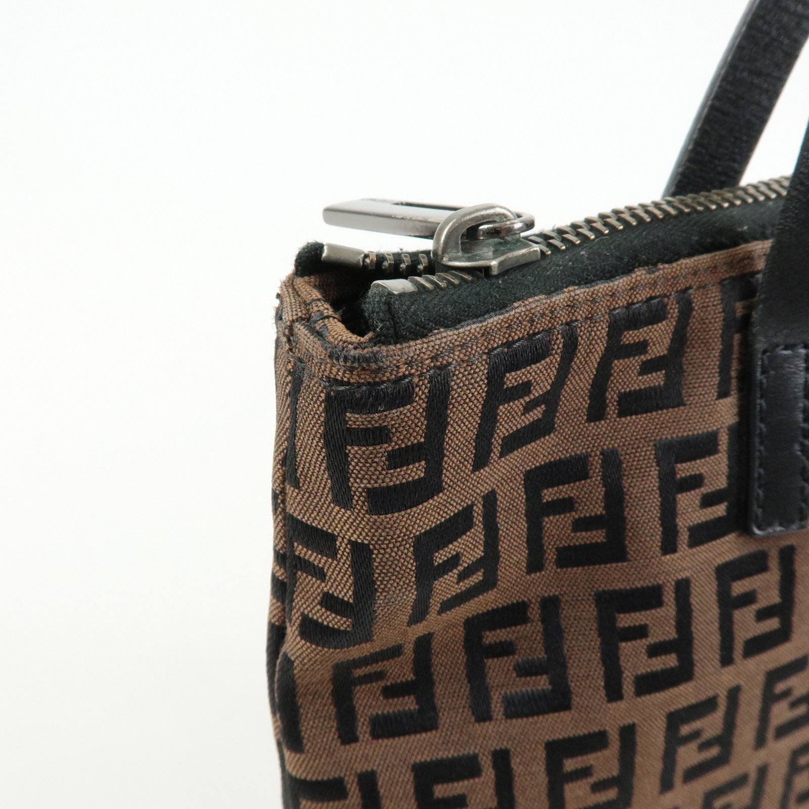 FENDI Zucchino Canvas Leather Tote Bag Hand Bag Brown Black 8BH022