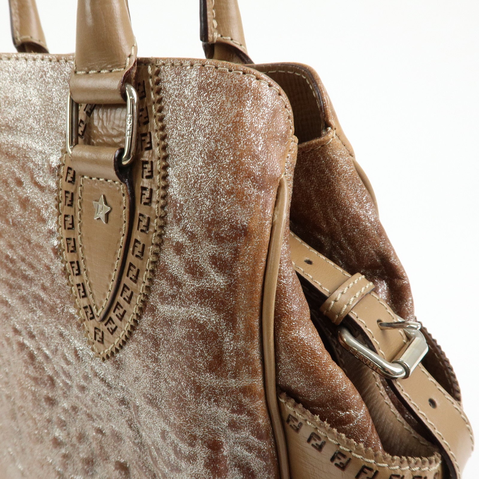 FENDI Ethnico Leather Tote Bag Shoulder Bag Camel 8BN162