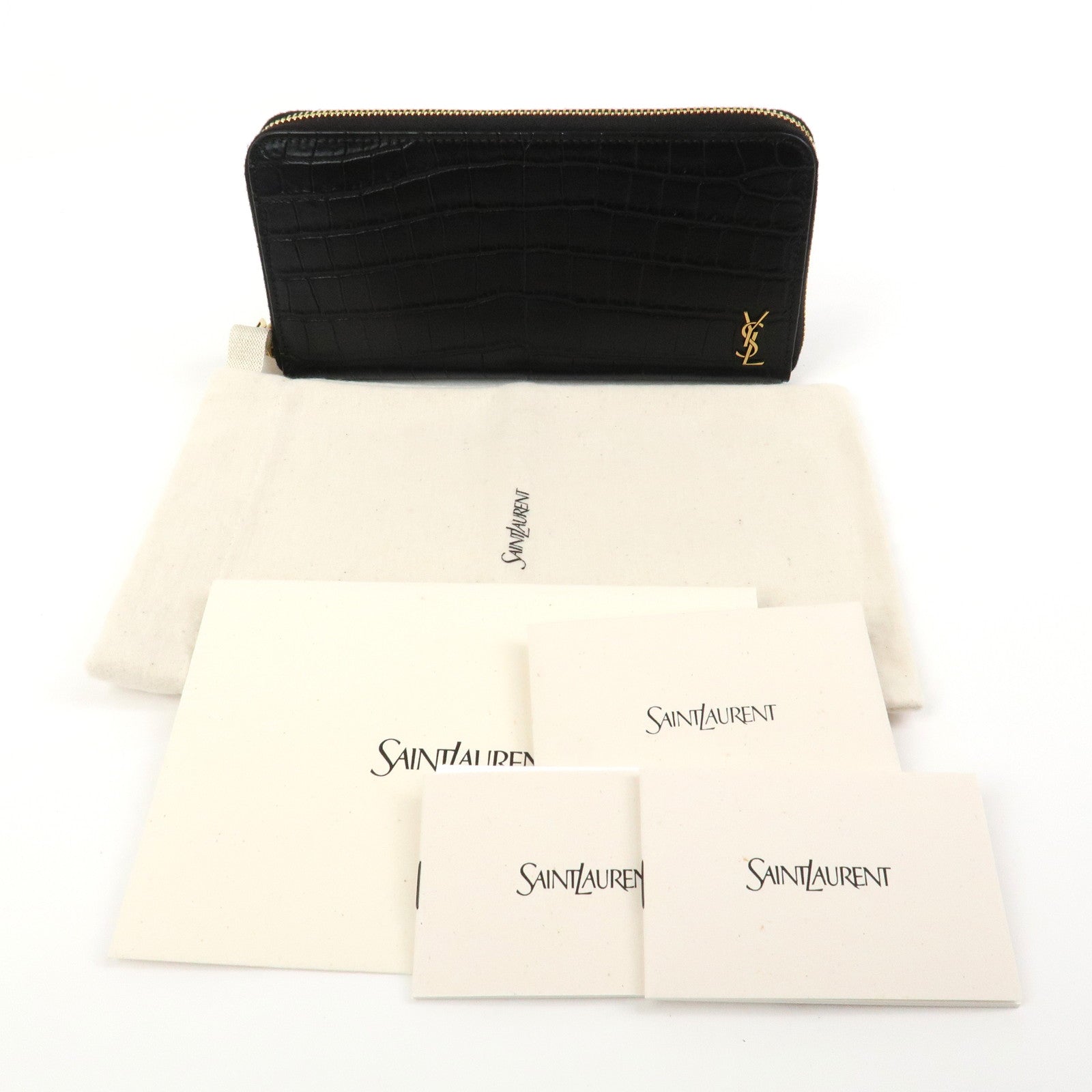 SAINT LAURENT Logo Emboss Leather Zippy Long Wallet Black