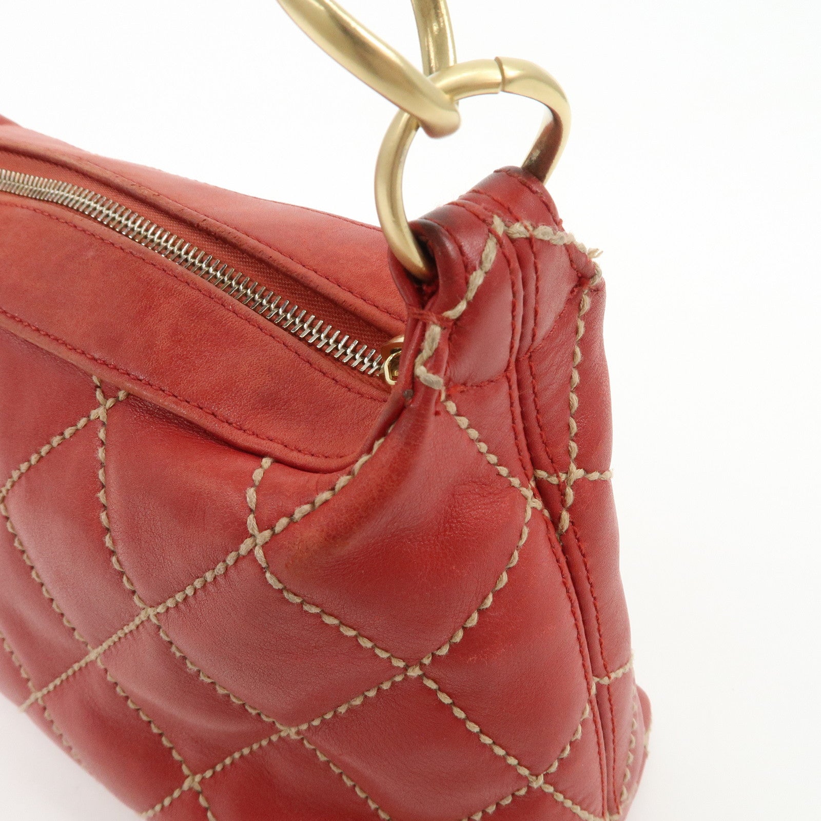 CHANEL COCO Mark Wild Stitch Lamb Skin Leather Hand Bag Red