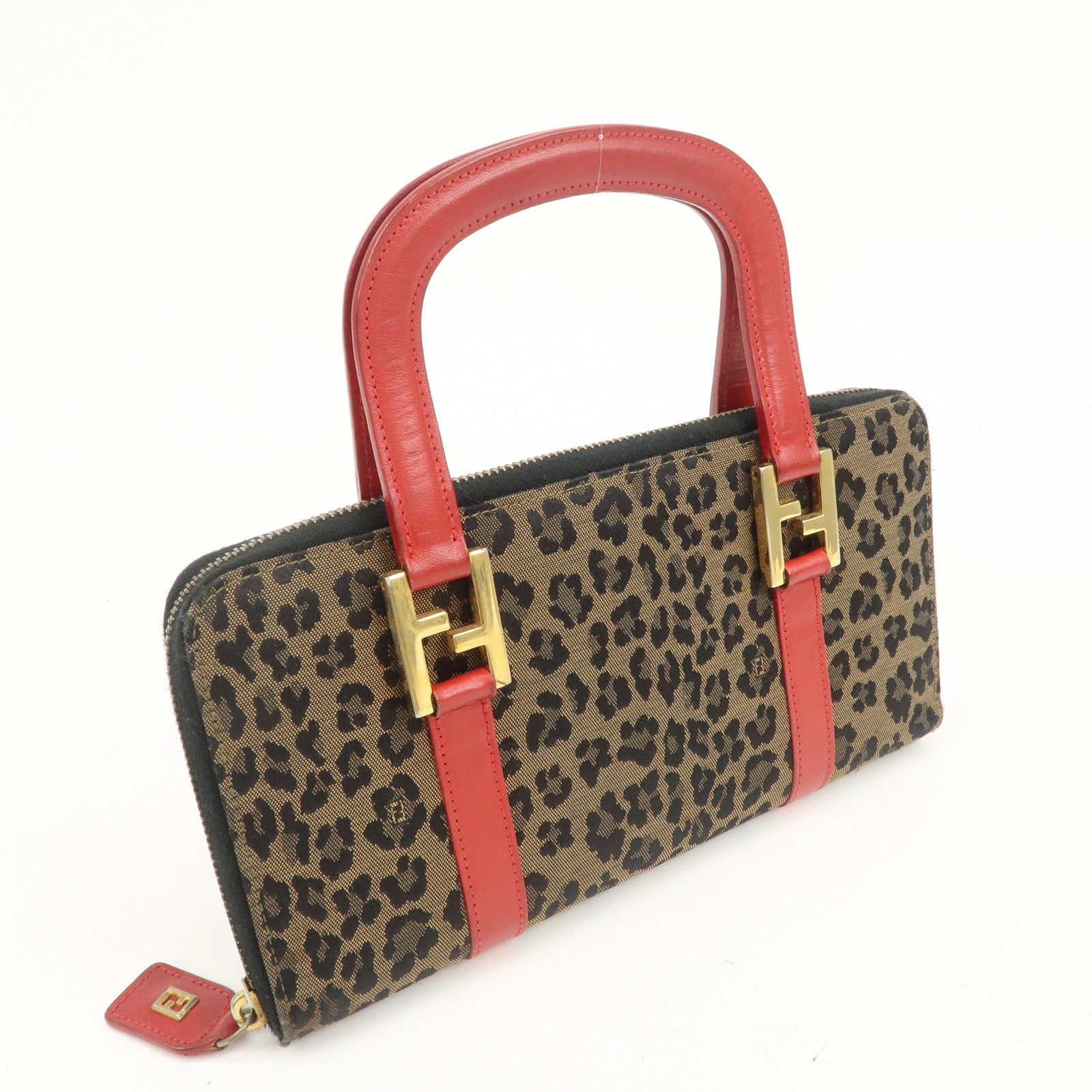 FENDI Logo Canvas Leather Hand Bag Leopard Red 26347