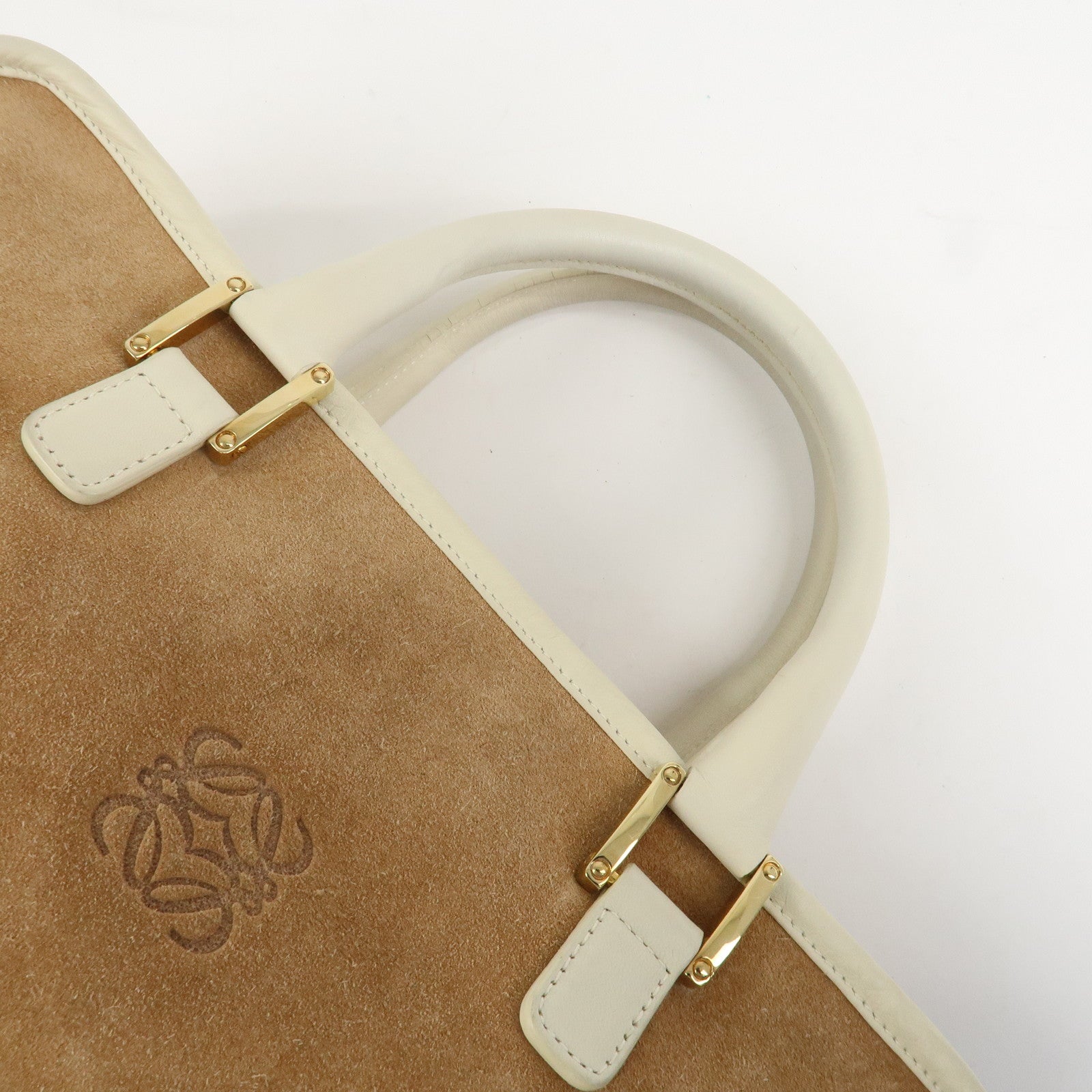 LOEWE Anagram Leather Amazona 35 Hand Bag Tote Bag Beige Ivory
