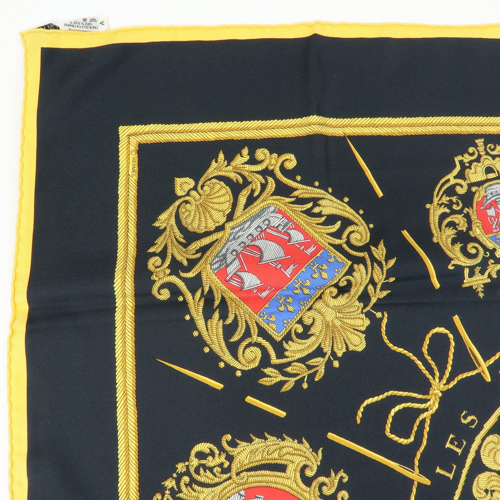 HERMES Carre 90 Silk 100% Les Armes de Paris Scarf Black Yellow Red