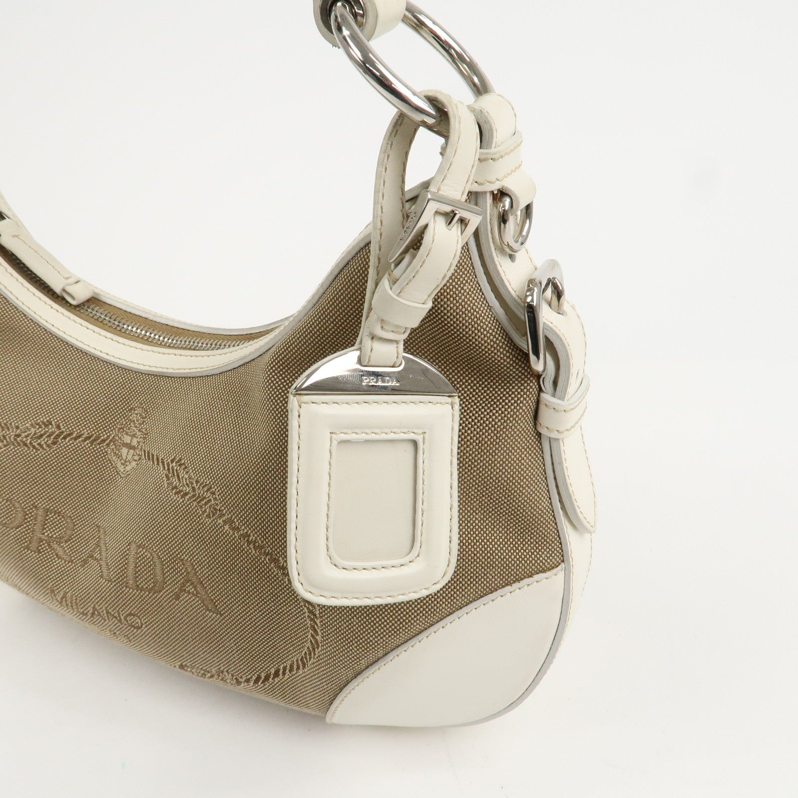 PRADA Logo Canvas Leather Shoulder Bag Hand Bag Beige White BR3429