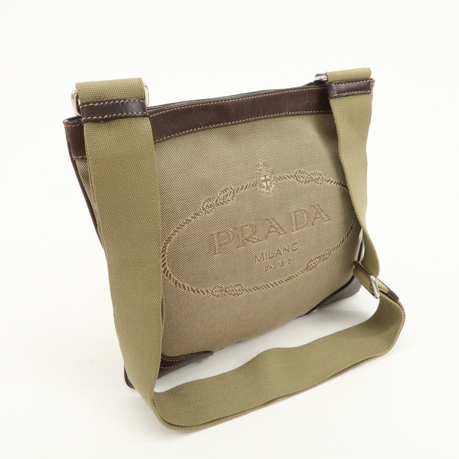 PRADA Logo Jacquard Leather Shoulder Bag Beige Brown BT0537