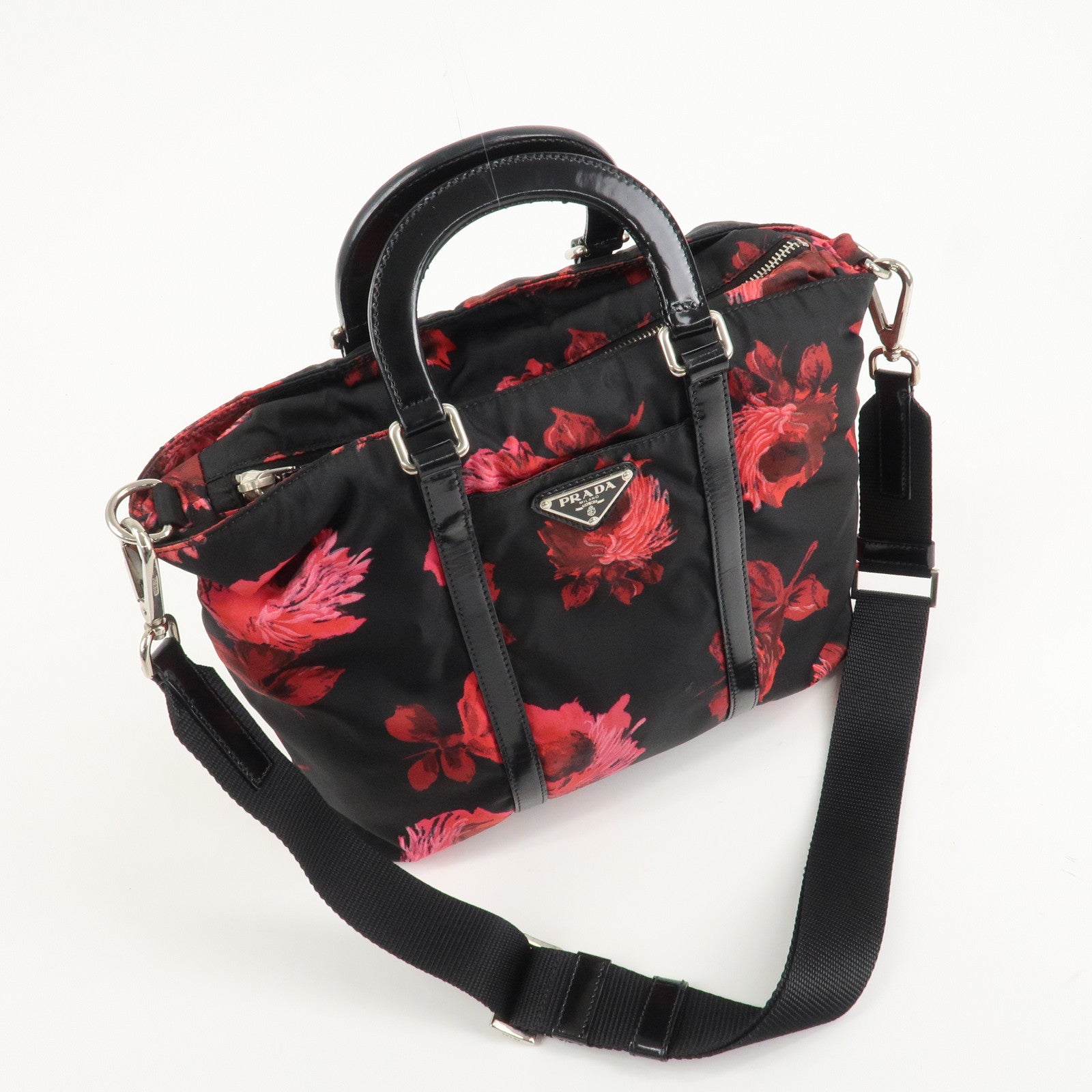 PRADA Triangle Logo Nylon Patent Leather 2Way Bag Flower BN1066 Used