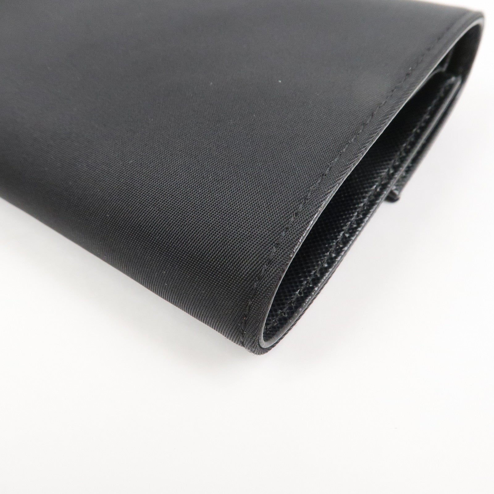 PRADA Triangle Logo Nylon Saffiano Leather Compact Wallet Black