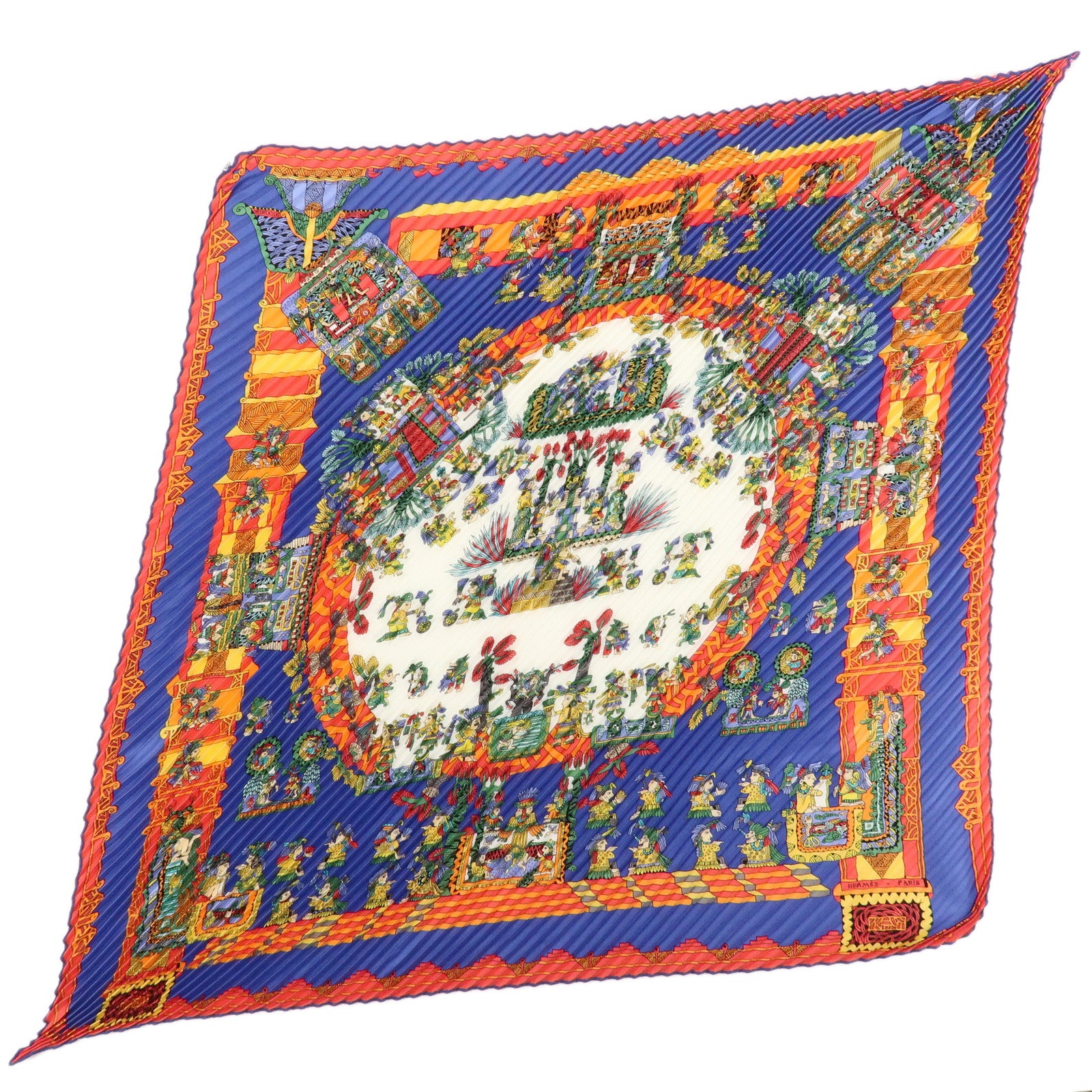 HERMES Pleats Carre Silk 100% Scarf Feria De Sevilla Black Yellow Used