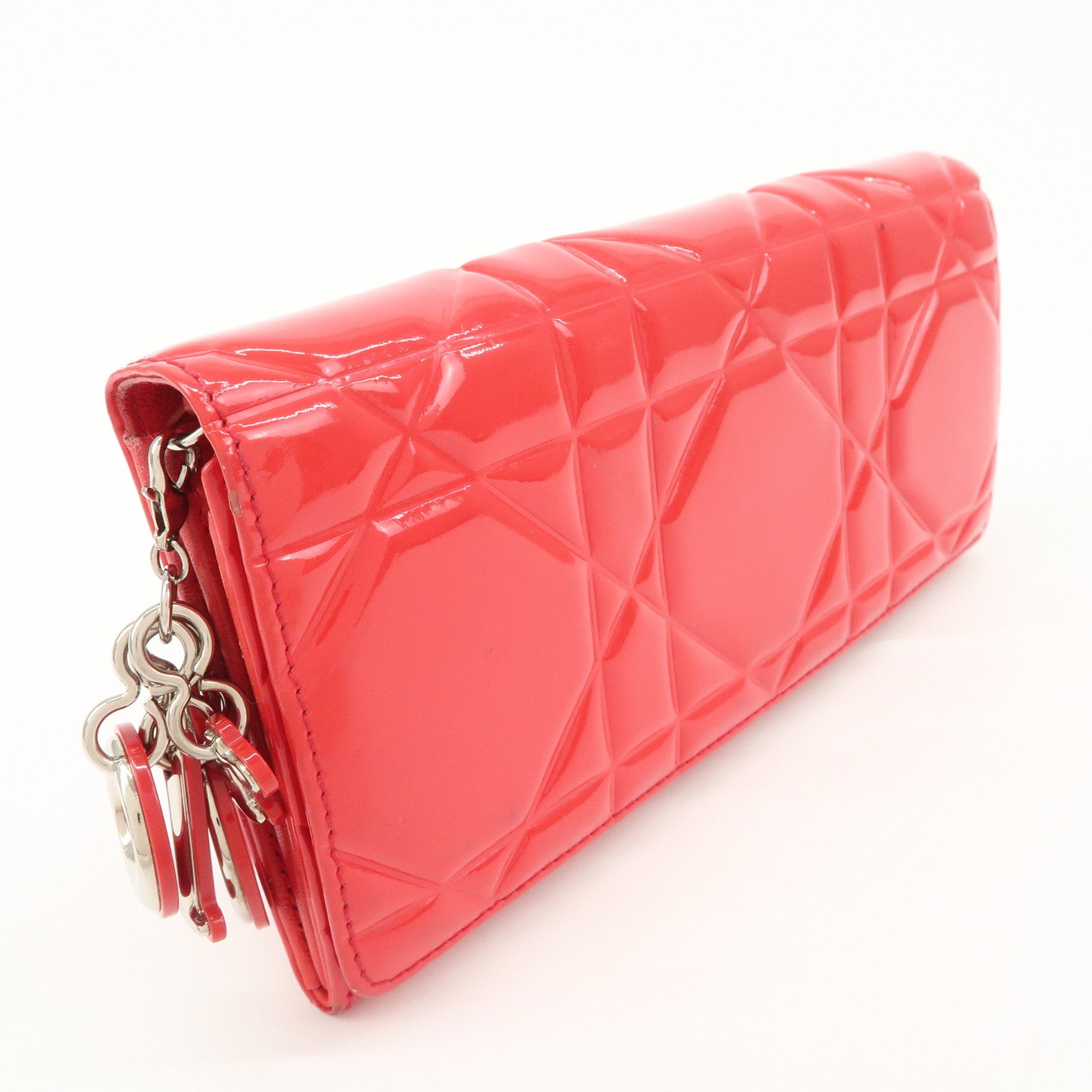 Christian Dior Cannage Patent Leather Bi-Fold Long Wallet Red