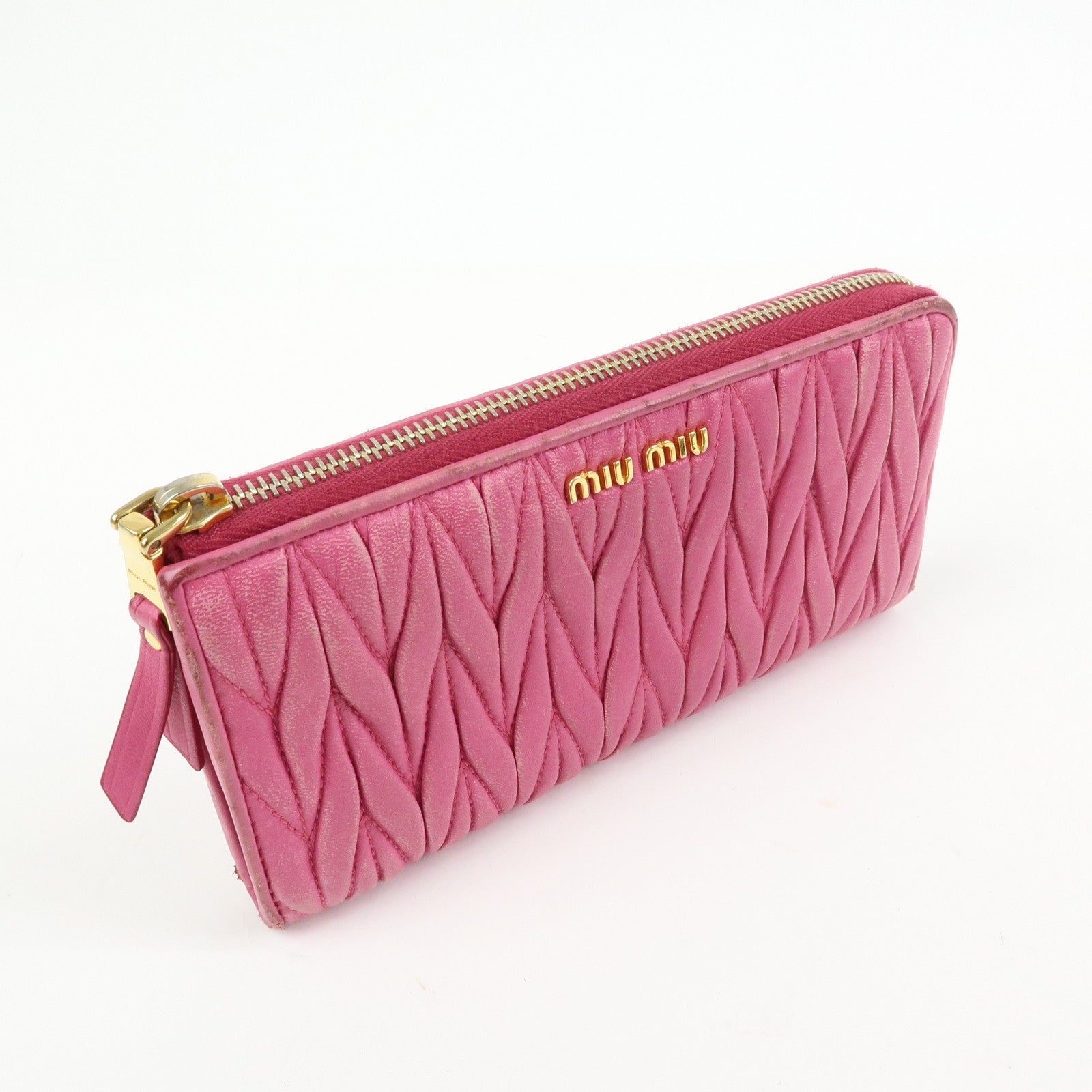 MIU MIU Logo Matelasse Nappa Leather Zippy Long Wallet Pink