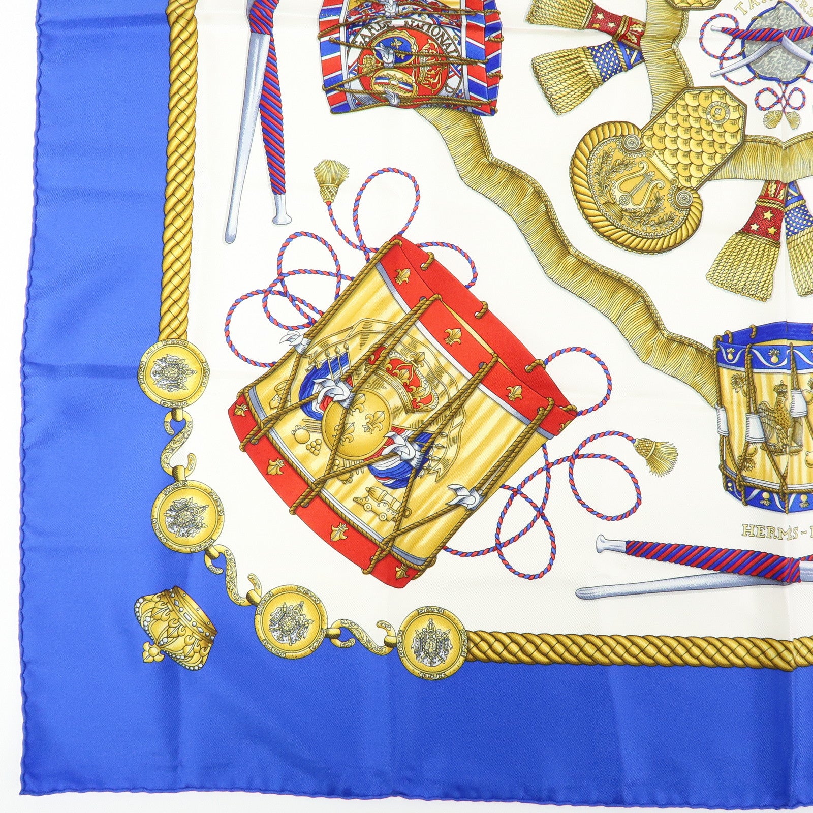 HERMES Carre 90 Silk 100% Scarf LES TAMBOURS Drum Print Navy Gold