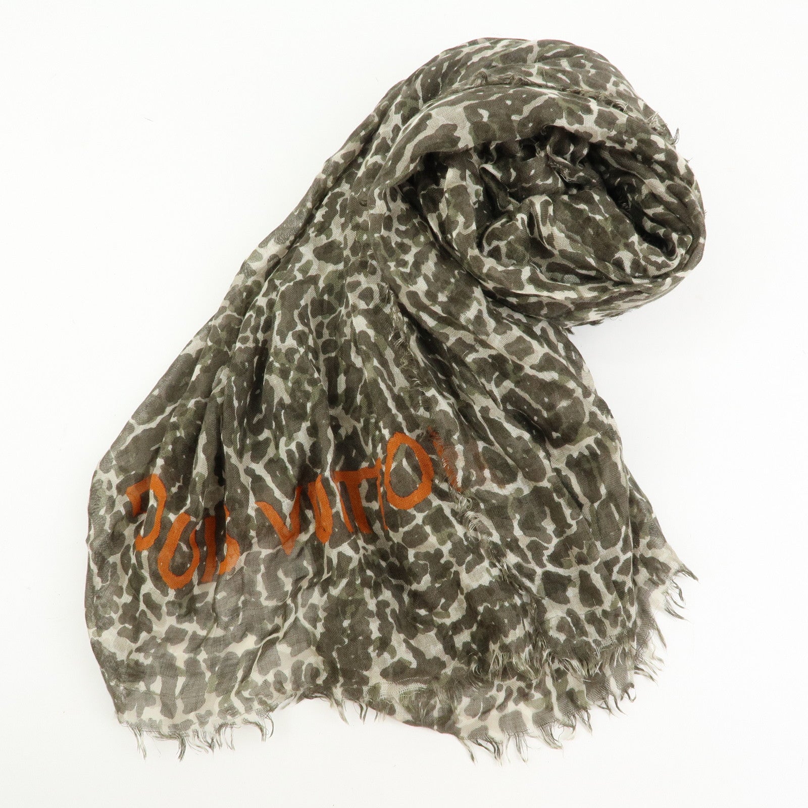 Louis Vuitton Leopard Print Cashmere Silk Scarf Shawl Khaki 400505