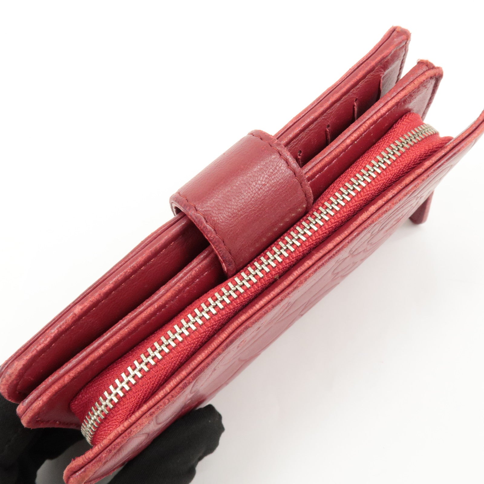 CHANEL COCO Mark Camelia Leather Bi-fold Wallet Red A50087 Used