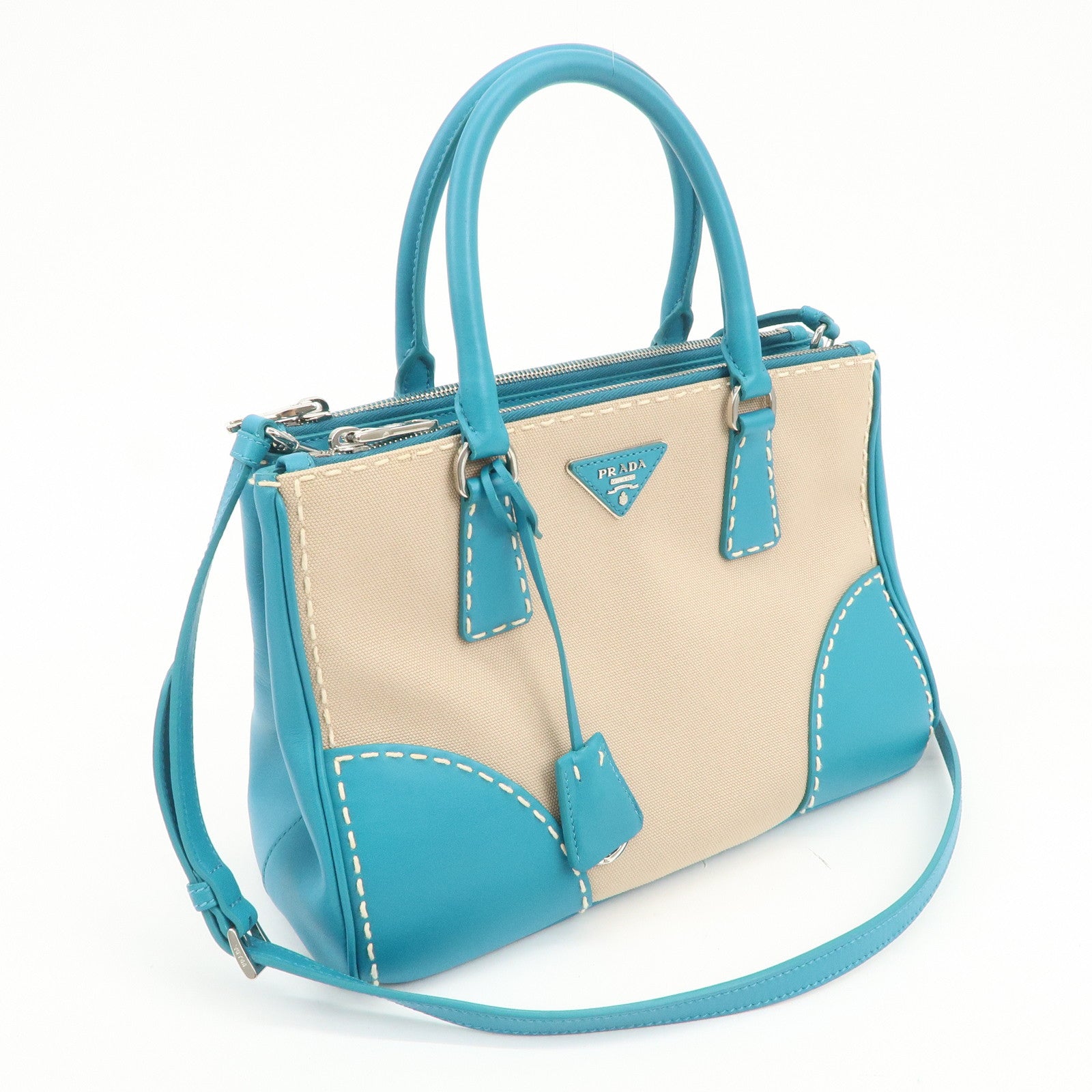 PRADA Triangle Logo Canvas 2Way Bag Hand Bag Tote Bag Blue B1801K