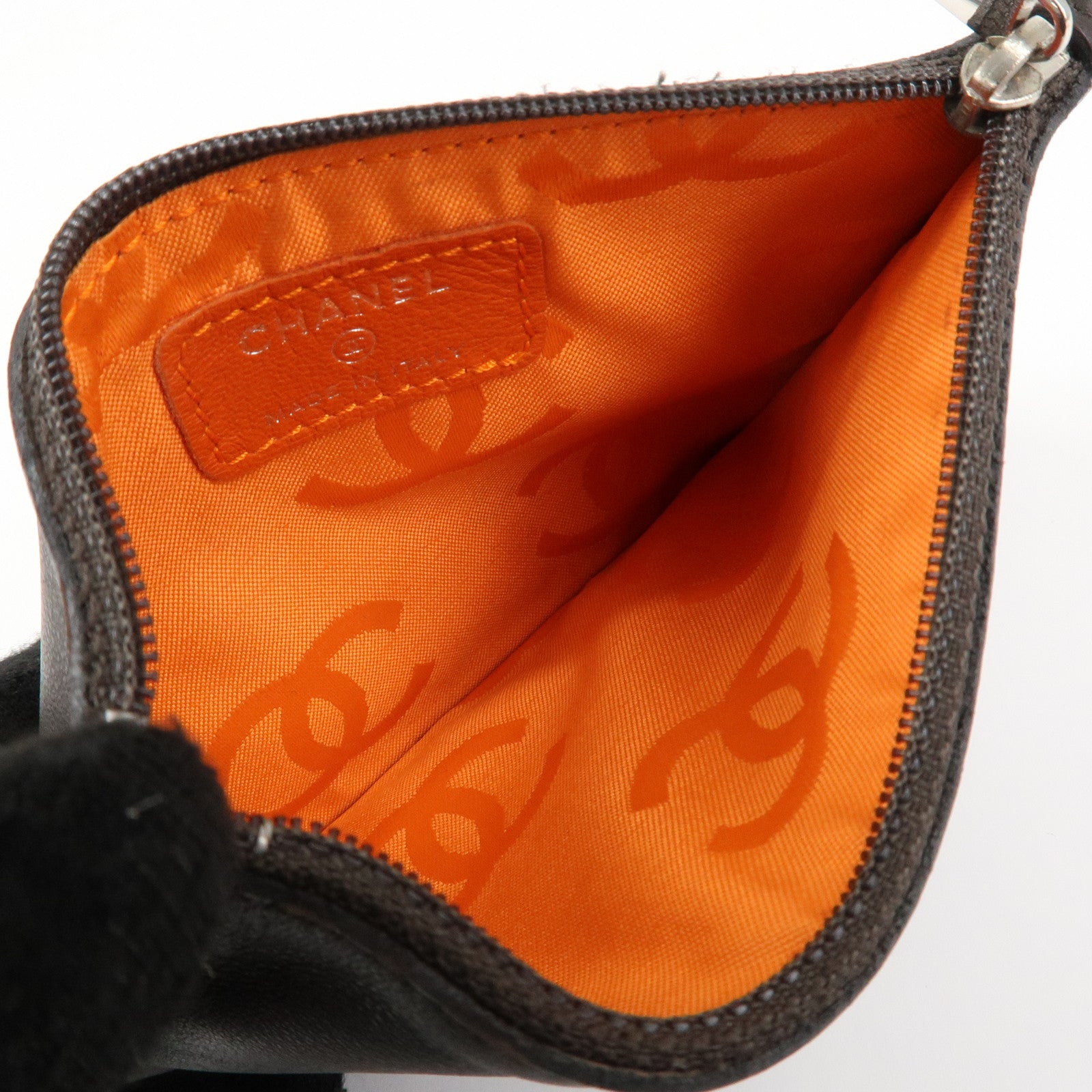 CHANEL Lamb Skin COCO Mark Pouch Silver Hardware Brown A25183 Used