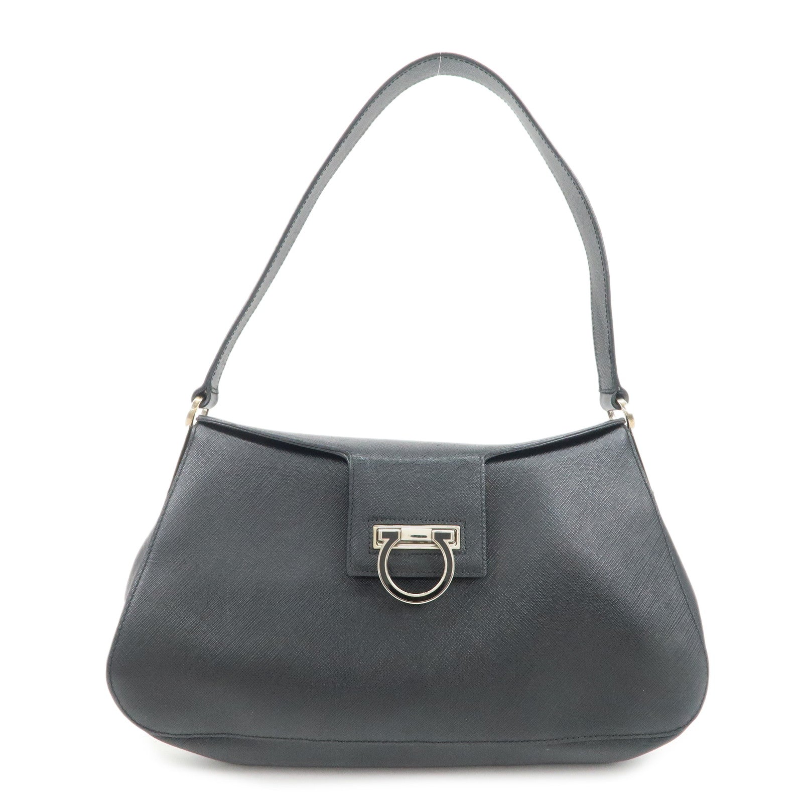 Ferragamo Gancini Leather Shoulder Bag Hand Bag Black Silver HDW