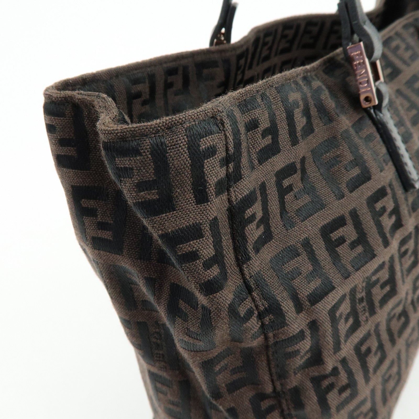 FENDI Zucchino Canvas Leather Tote Bag Hand Bag Brown 8BH018