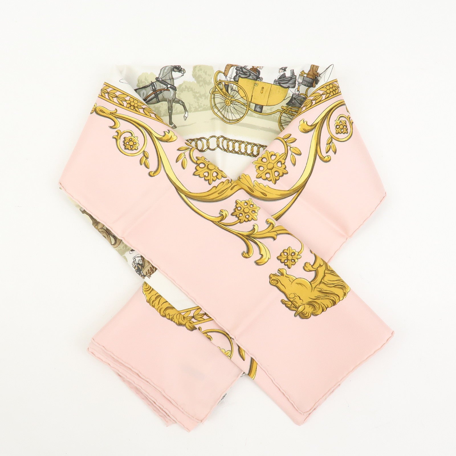 HERMES Carre 90 Silk 100% Scarf LA PROMENADE DE LONGCHAMPS White