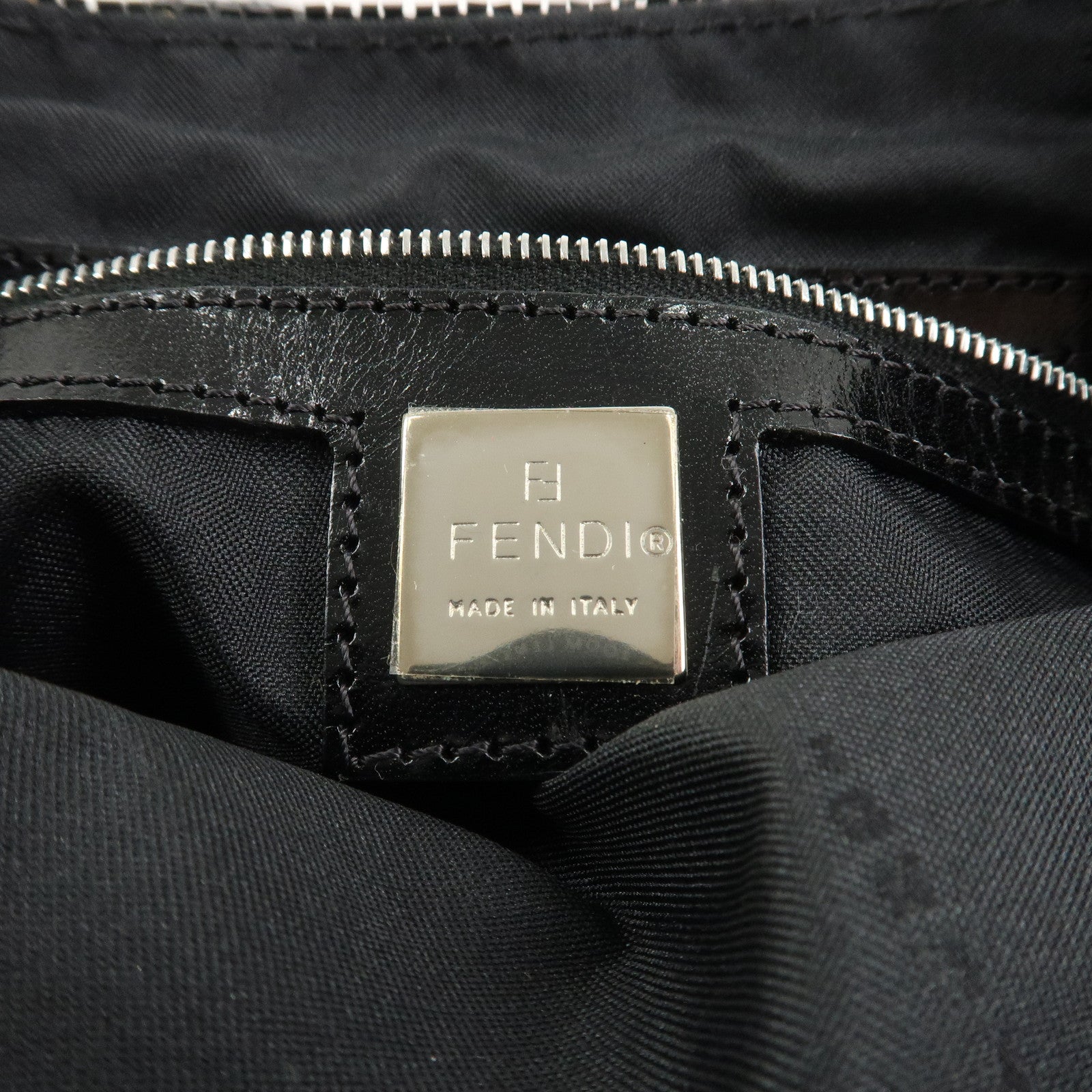 FENDI Logo Beads Leather Hand Bag Tote Bag Black