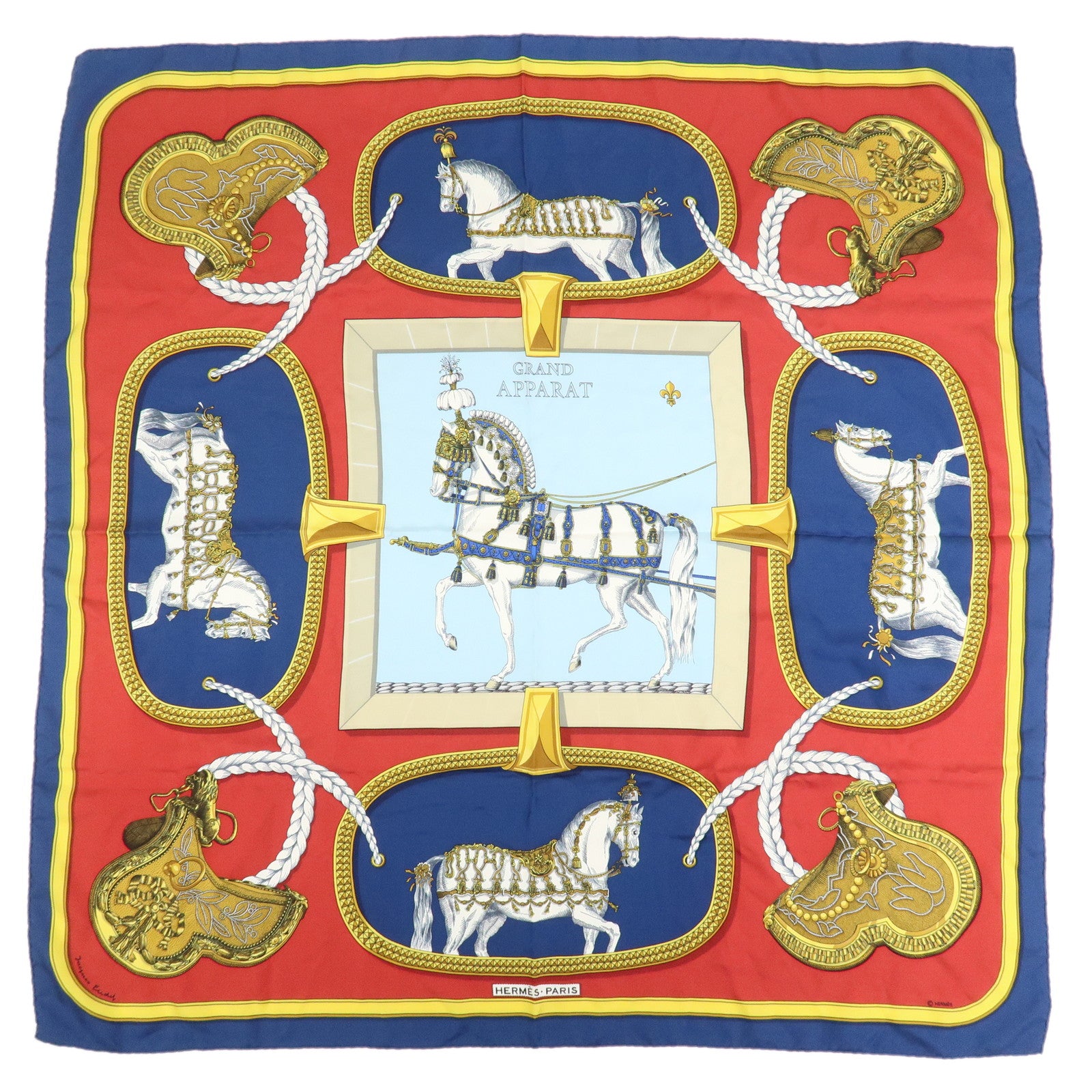 HERMES Carre 90 Silk 100% Scarf GRAND APPARAT Red Navy