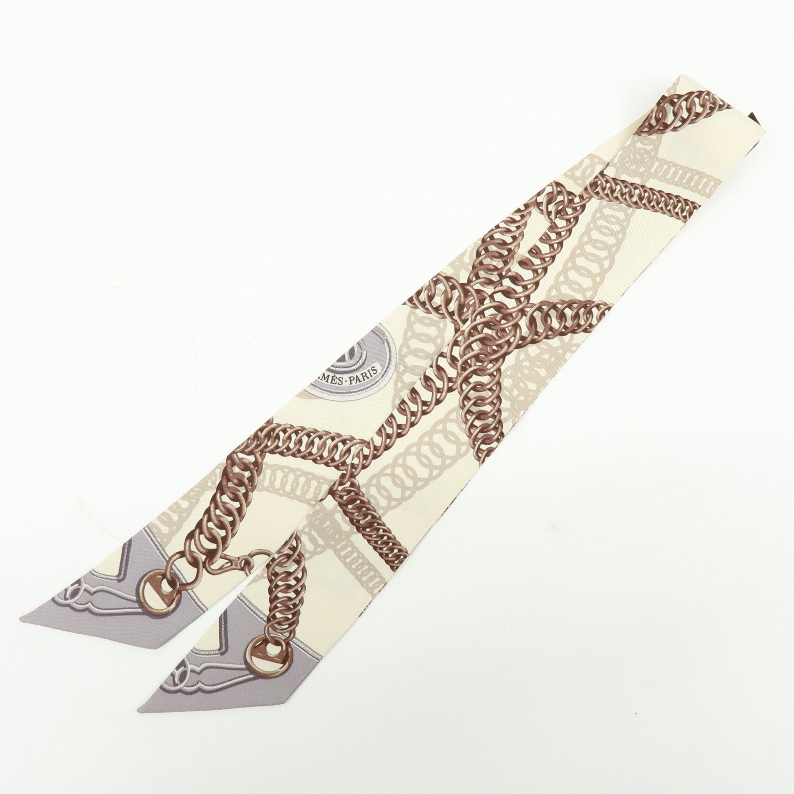 HERMES Twilly Silk 100% Scarf Chain Print Ivory Brown