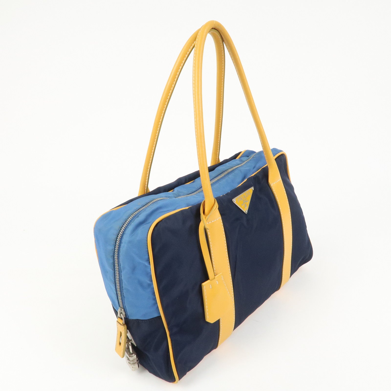 PRADA Triangle Logo Nylon Leather Shoulder Bag Hand Bag Navy Yellow