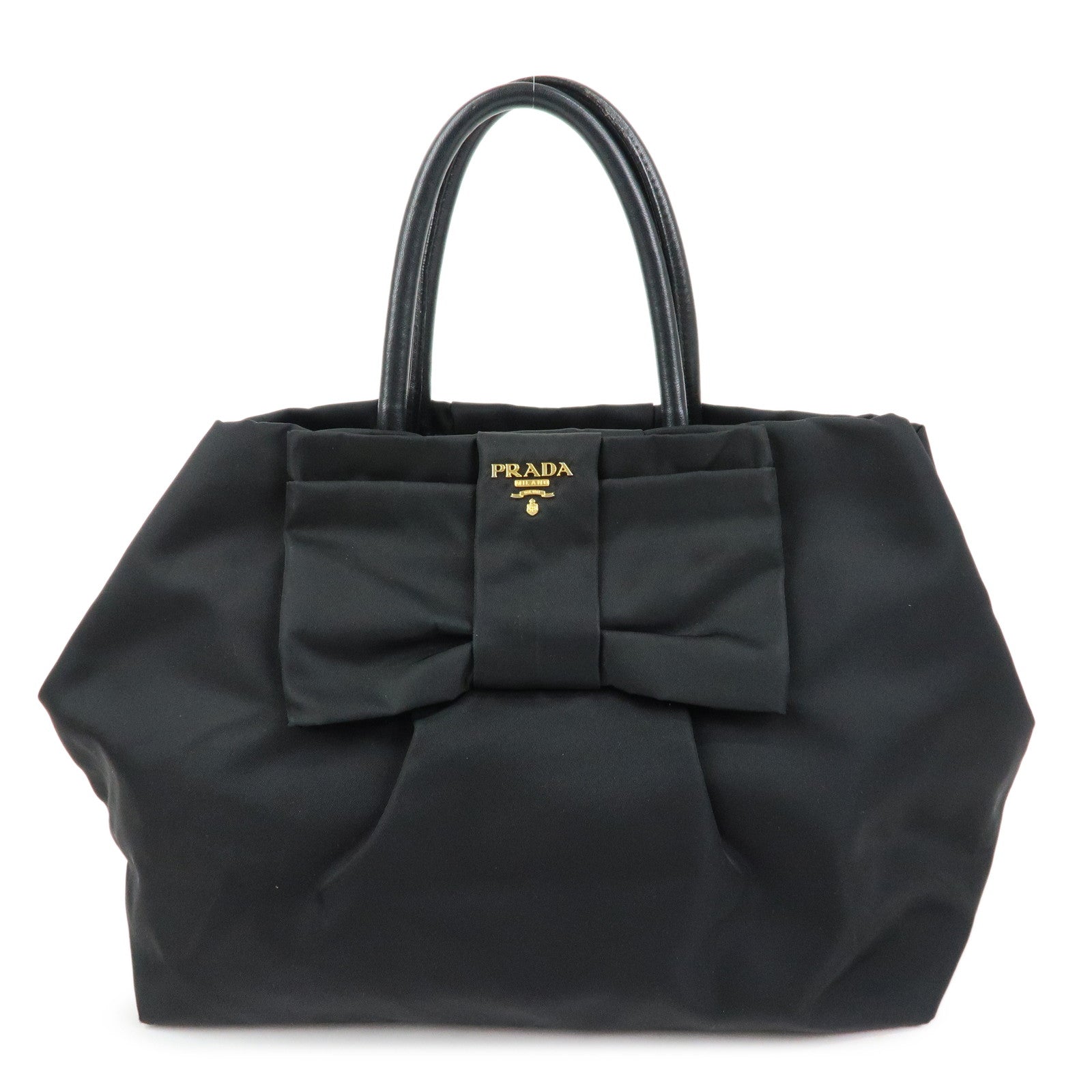 PRADA Ribbon Nylon Leather Hand Bag Tote Bag Black BN1601