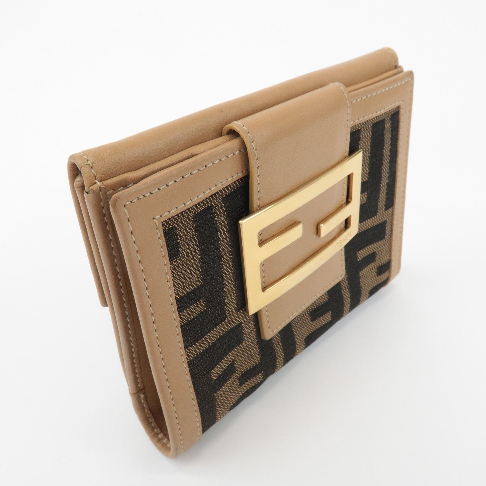 FENDI Zucca Leather Canvas Double Hook Bi Fold Wallet Beige 8M0035 Used
