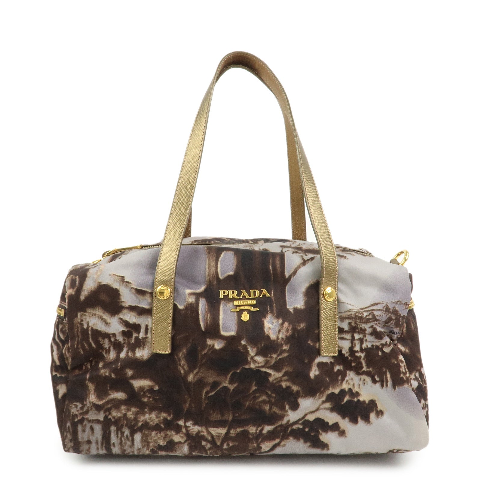 PRADA Logo Nylon Leather Boston Bag Shoulder Bag Gray Gold BL0567