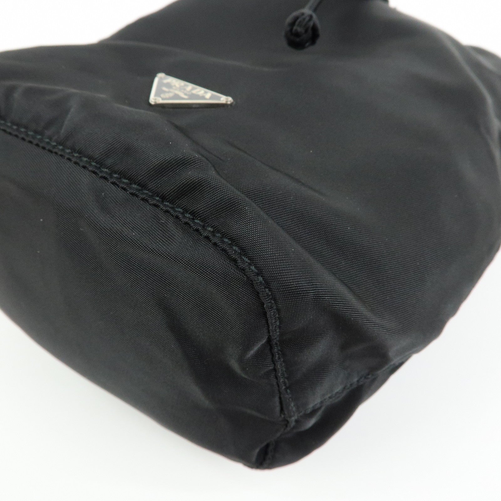PRADA Triangle Logo Nylon Leather Drawstring Pouch Black MV369