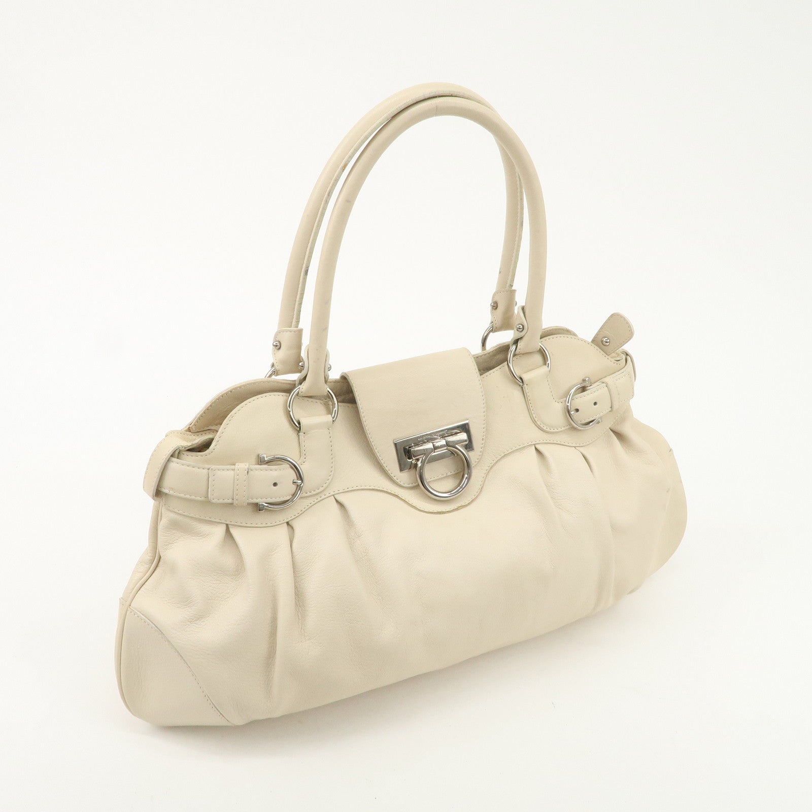 Ferragamo Gancini Leather Shoulder Bag Hand Bag Ivory Silver Hardware Used