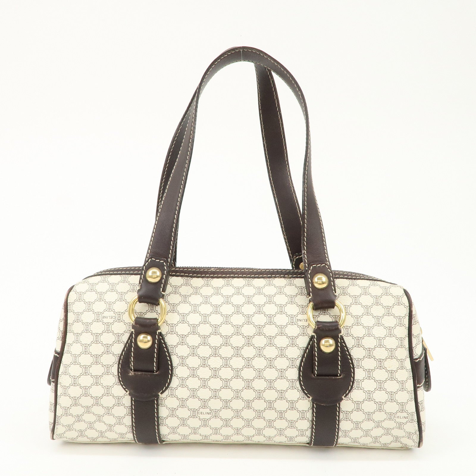 CELINE Macadam PVC Leather Mini Boston Bag Dark Brown White