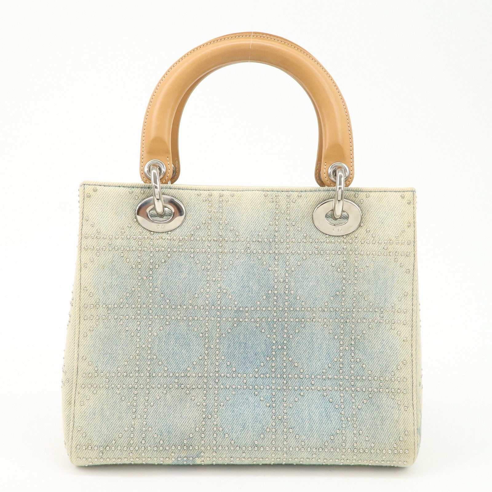 Christian Dior Cannage Leather Denim 2 Way Tote Bag Studs Beige Blue