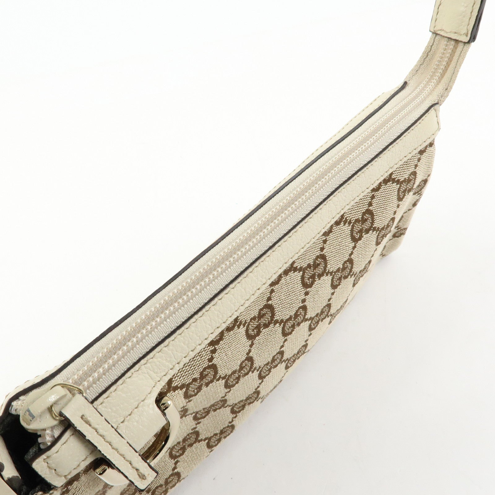 GUCCI GG Canvas Leather Accessory Pouch Hand Bag Beige White 145750