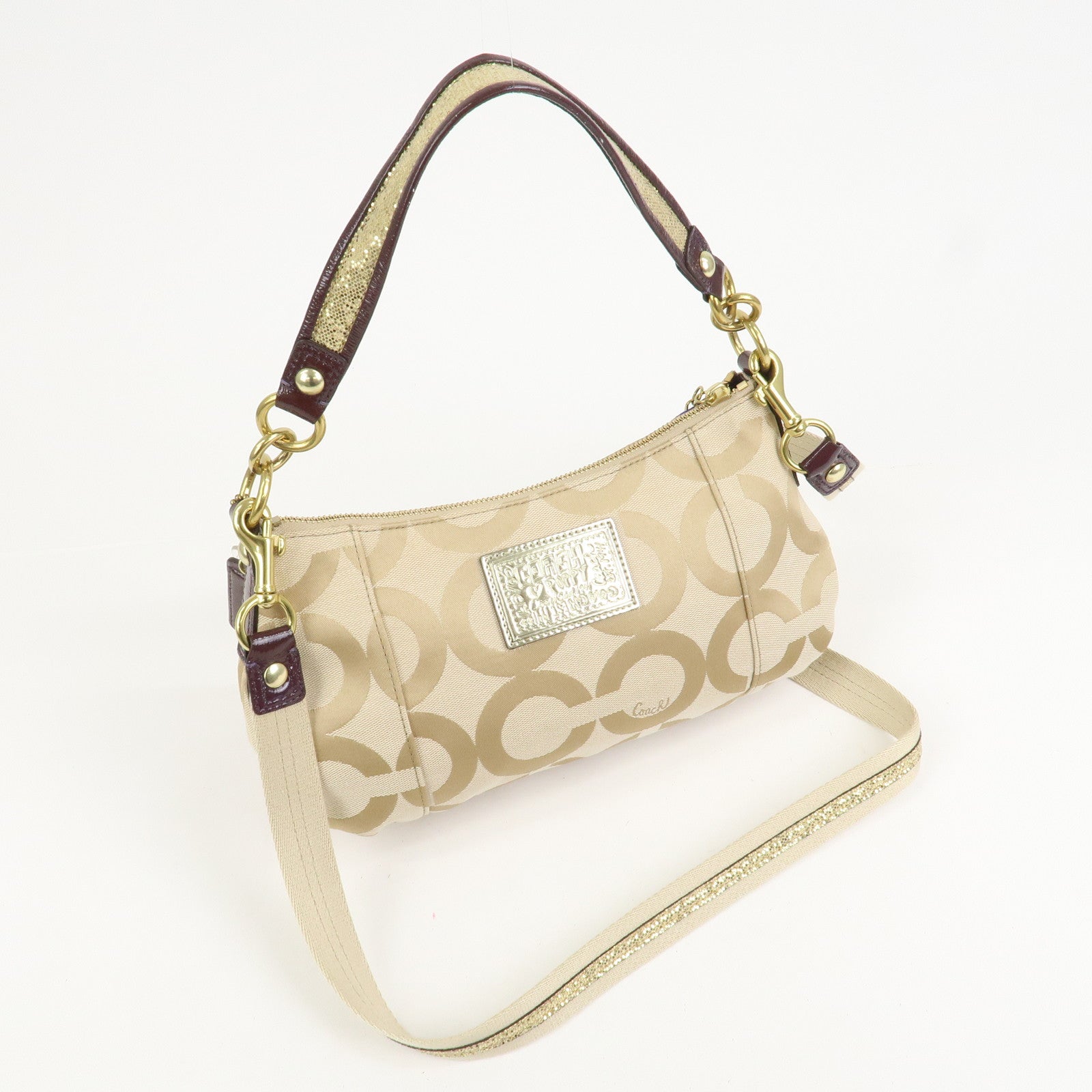 COACH POPPY Canvas Patent Leather 2Way Shoulder Bag Hand Bag Beige